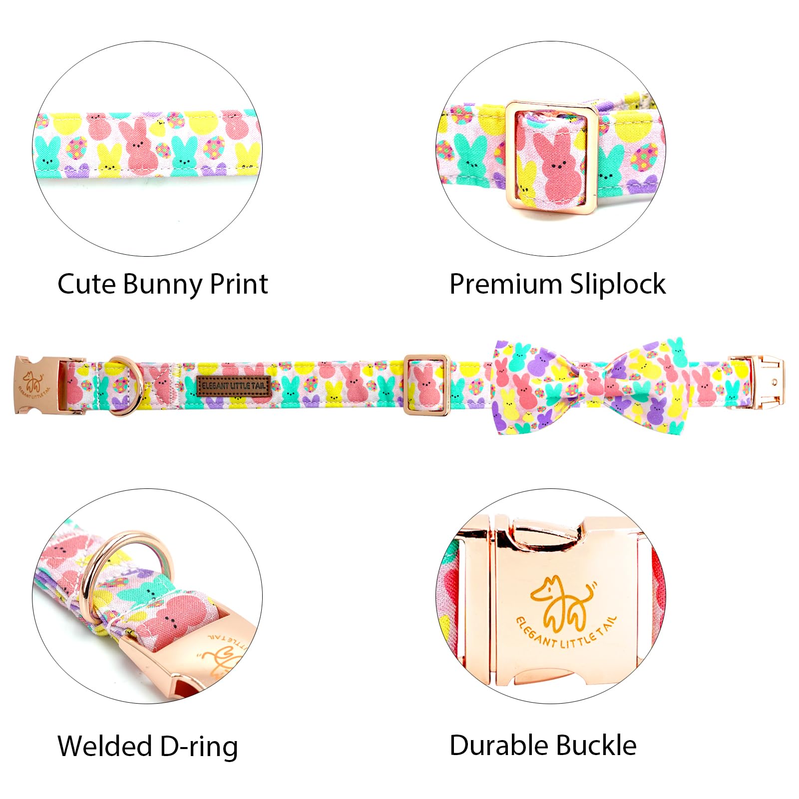 Elegant Little Tail Pink Bunny Print Easter Dog Collar, X-Small, Cotton, Durable, Bunny Pattern, Adjustable, Puppy