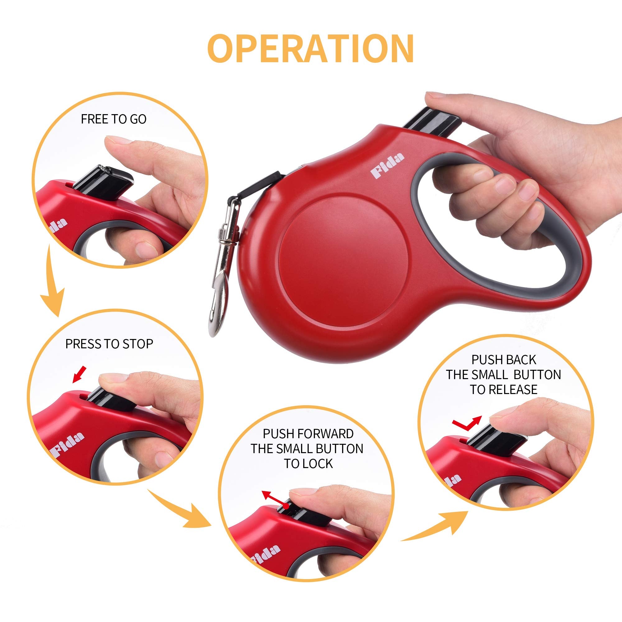 Fida Retractable Dog Leash, 16Ft Heavy Duty Pet Walking Leash For X-Small/Small/Medium/Large Dog Or Cat Up To 110 Lbs, Tangle Free. One-Hand Brake (Large, Red)