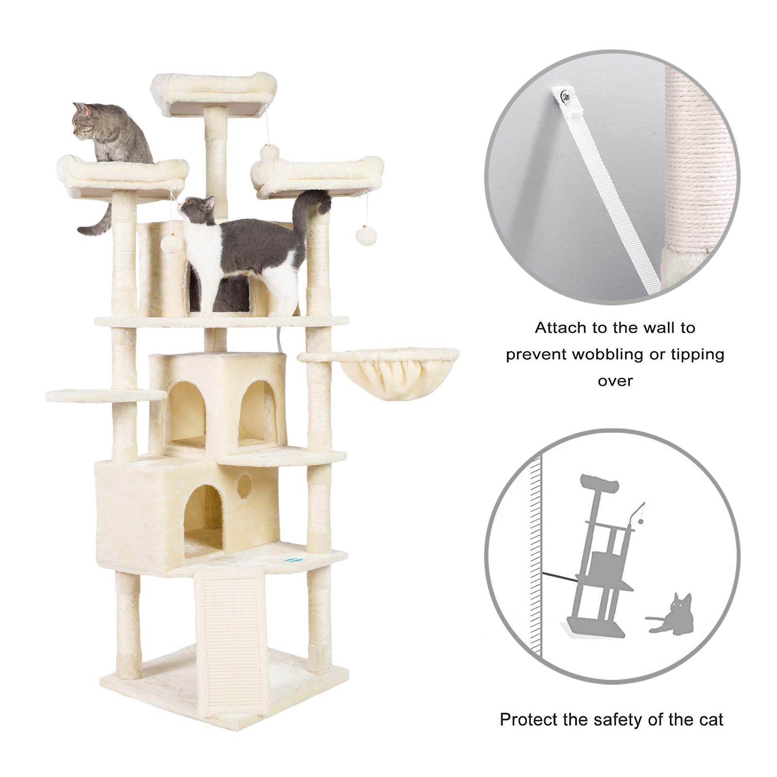 Hey-Brother Xl Size Cat Tree, 73.4 Inch Cat Tower With 3 Caves, 3 Cozy Perches, Scratching Posts, Board, Activity Center Stable For Kitten/Big Cat, Beige Mpj032M