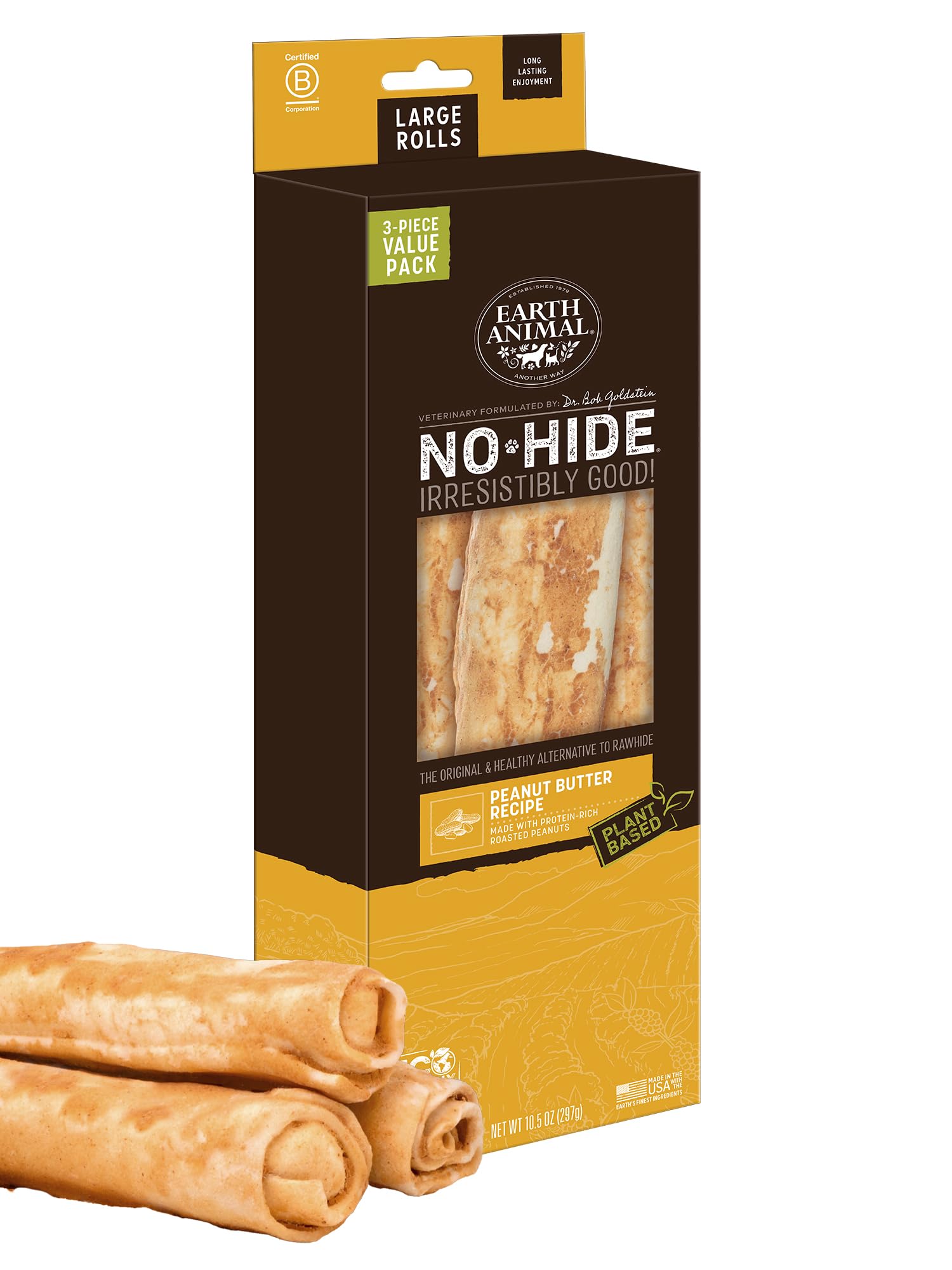 Earth Animal No-Hide Rolls Peanut Butter Recipe Large Natural Rawhide Alternative Dog Chews | 10.5 oz