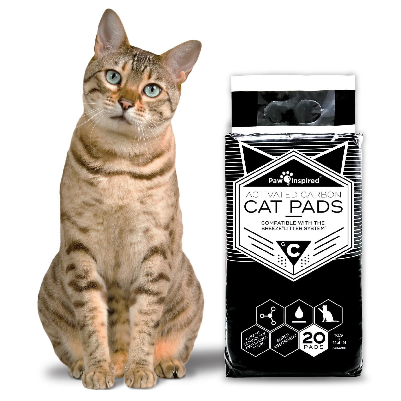 Paw Inspired Cat Pads | Generic Refill For Breeze Tidy Cat Litter System | Cat Liner Pads For Litter Box | Quick-Dry, Super Absorbent, Leak Proof | 16.9'X11.4' (Carbon, 20 Count)