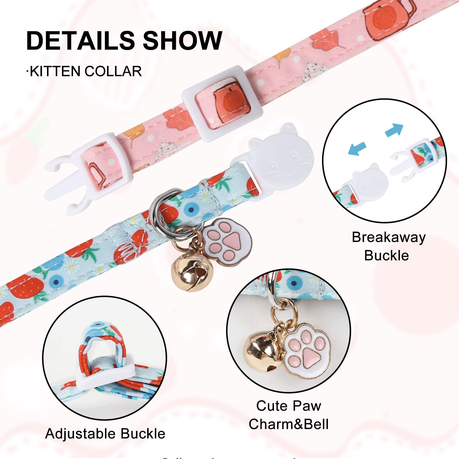Unique Style Paws Kitten Collar,Cute Cat Collar With Bell,Kitten Collar Breakaway Buckle With Strawberry,Pumpkin Pattern,Adjusta