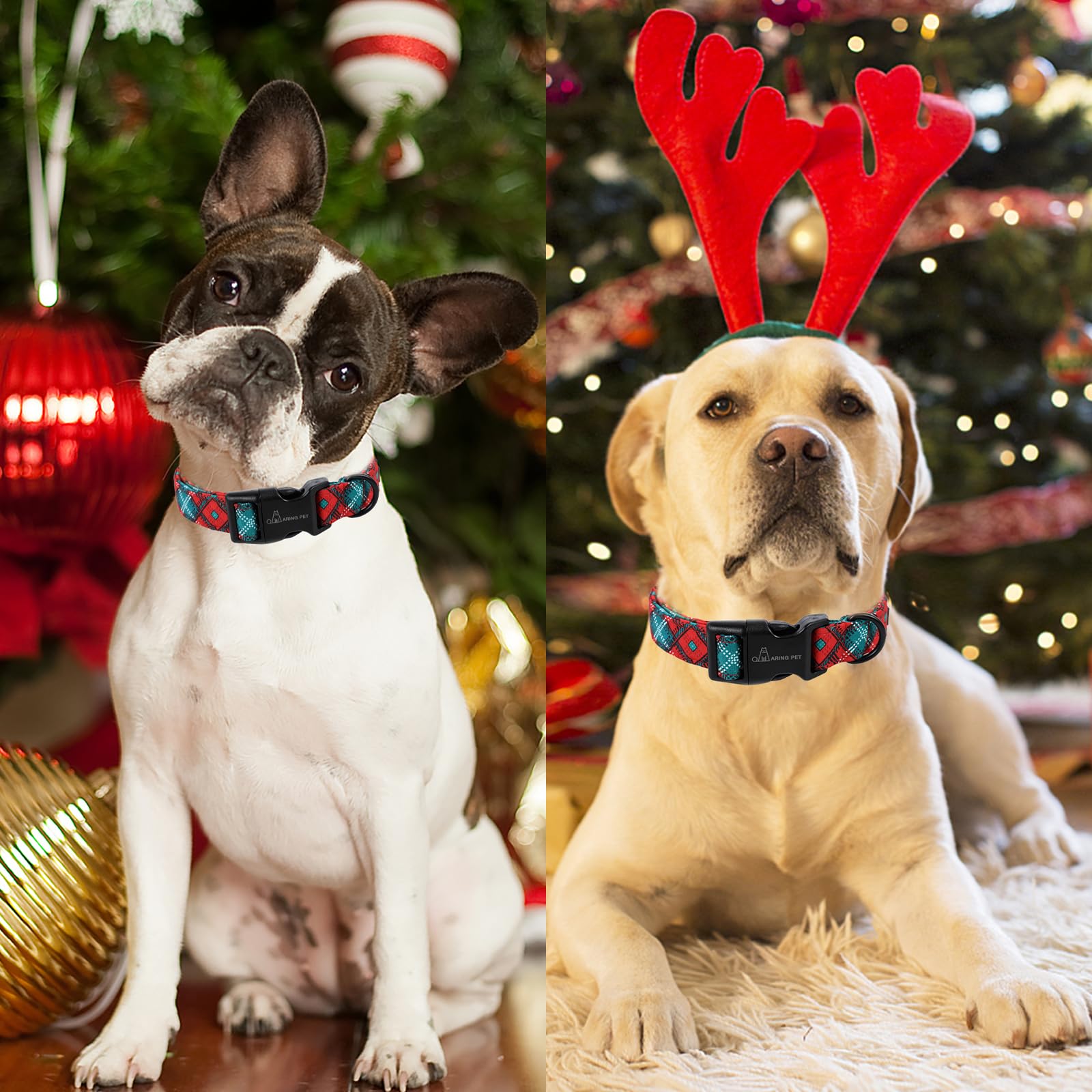Aring Pet Christmas Dog Collar-Cotton Lightweight Red Green Plaid Dog Collars, Adjustable Christmas Pet Collar Puppy Collars Wit