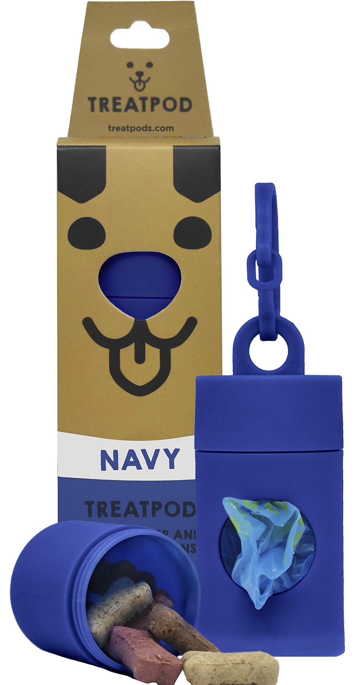 Treatpod Leash Treat Holder And Poop Bag Dispenser - 2 In 1 Dog Waste Bag Dispenser And Treat Container Pouch, Includes 15 Eco Friendly Extra Strength Bags (Navy)