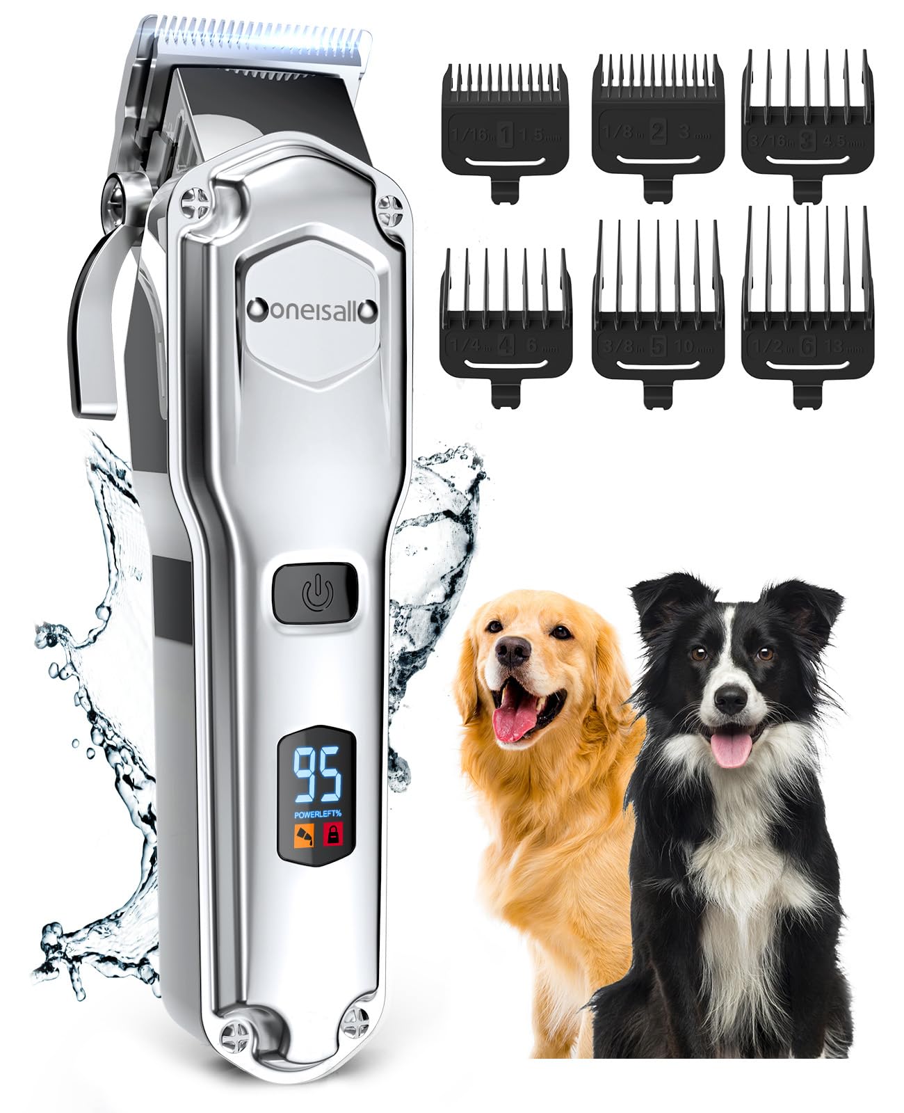 Oneisall Dog Clippers For Grooming For Thick Heavy Coats/Low Noise Rechargeable Cordless Pet Shaver With Stainless Steel Blade/Waterproof Dog Shaver For Dogs Pets And Animals (Sliver)