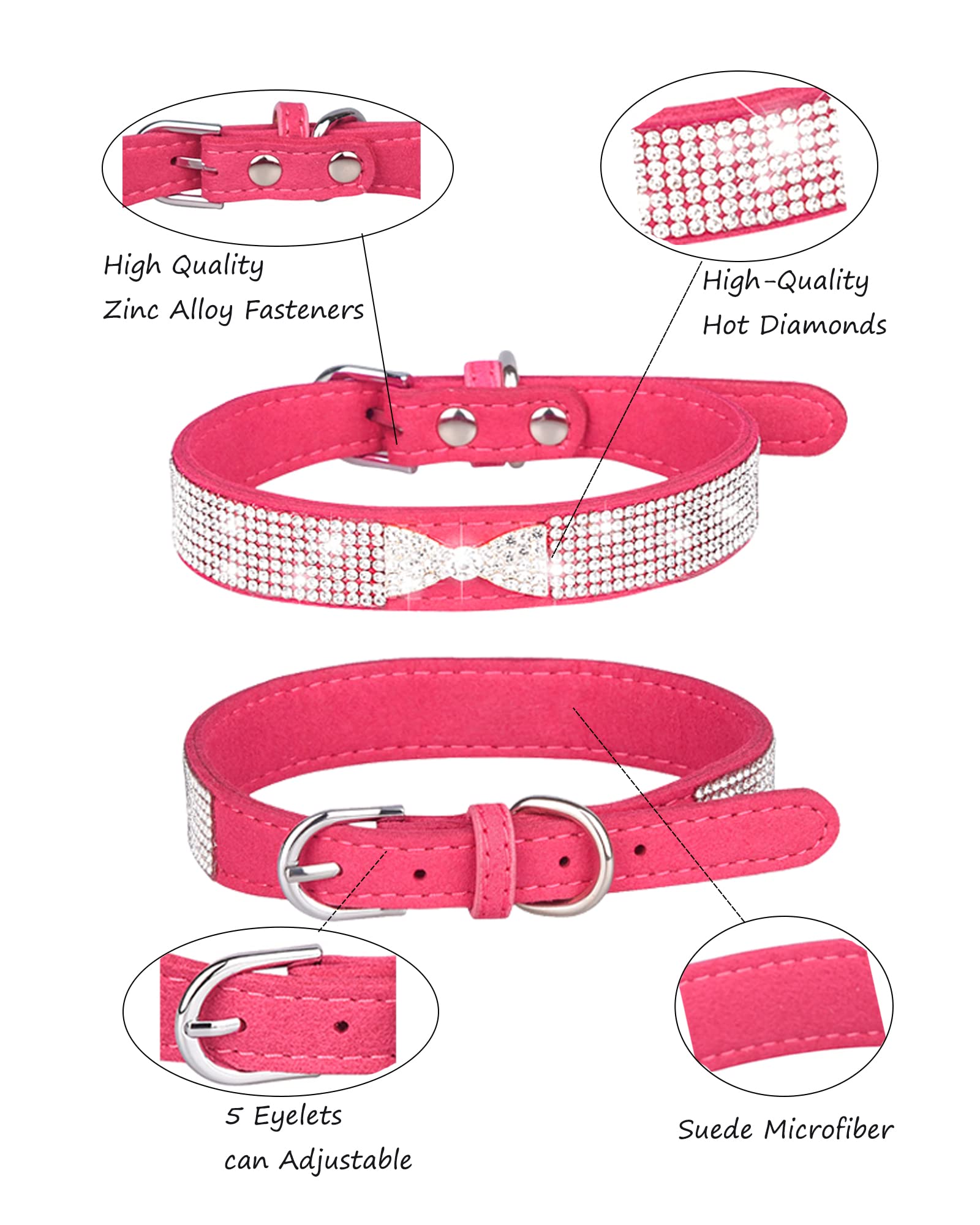 Dog Collar For Small Dogs, Adjustable Leather Suede Bling Dog Collars,Pink Dog Collar Cat Collar, Rhinestone Dog Collar (Xs, Ros