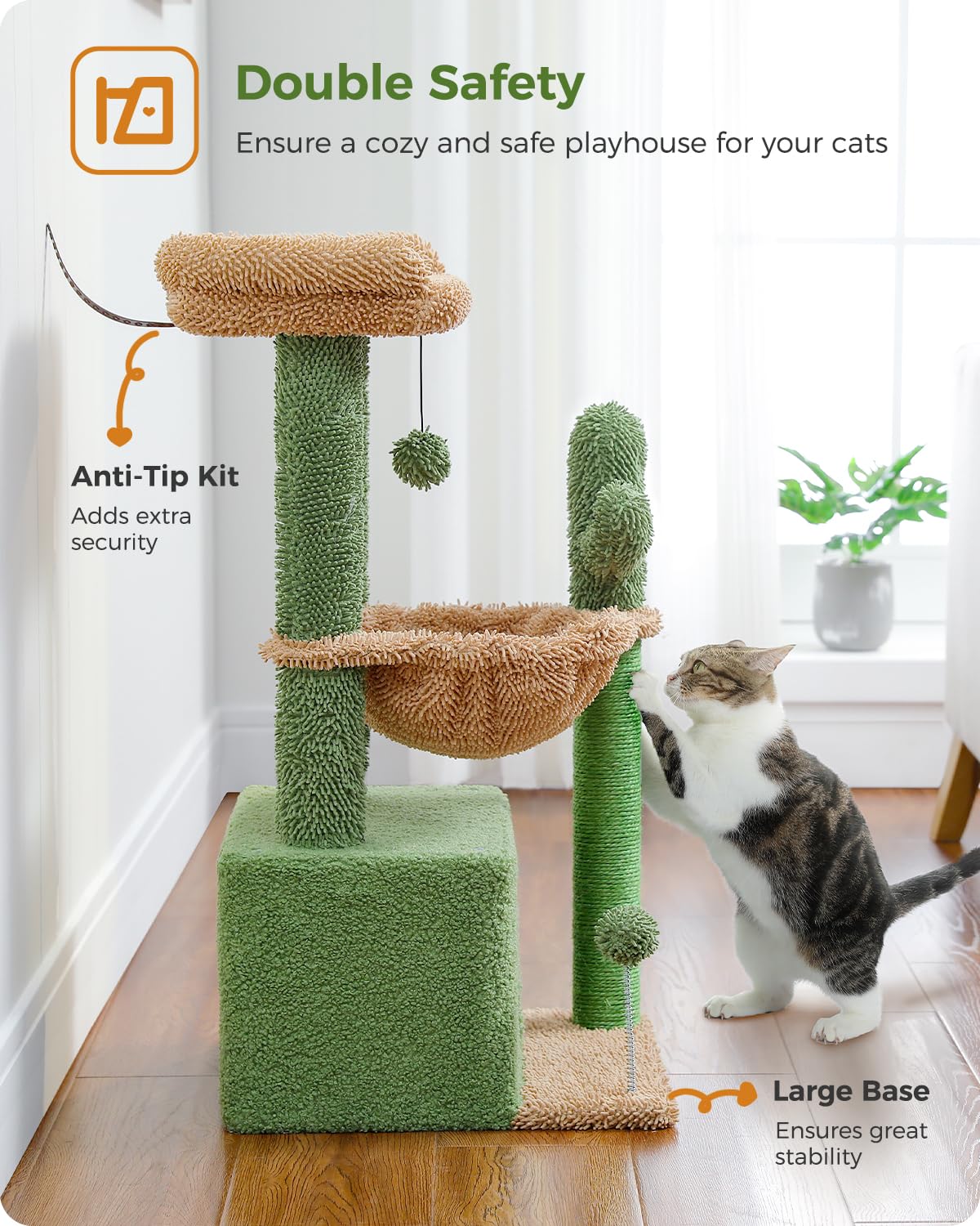 PEQULTI 4-in-1 Cactus Cat Tree, 33   Cat Tower for Indoor Cats with Large Condo, Cat Scratching Post for Cats with Deep Hammoc