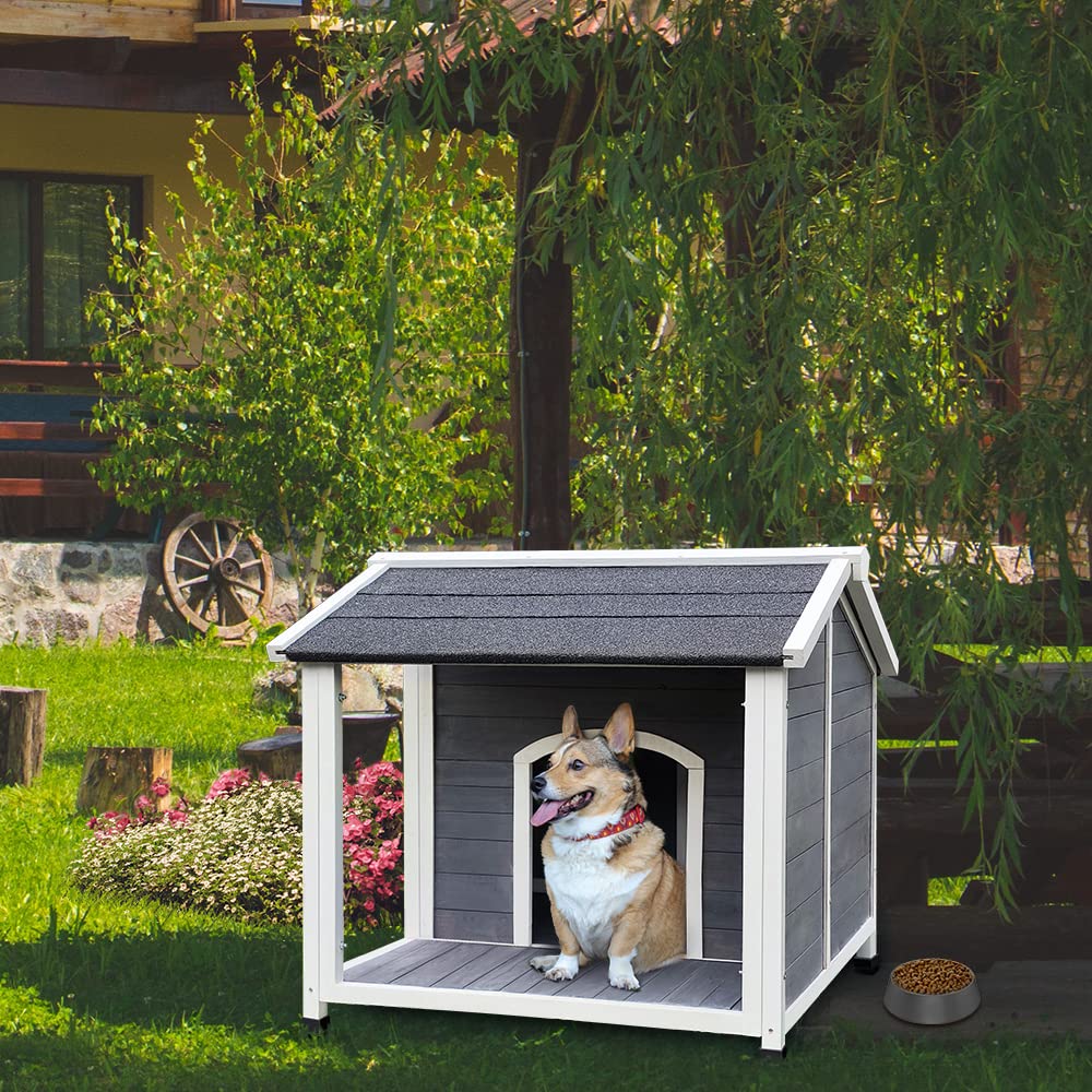 Yopto Outdoor Wooden Dog House,Waterproof Kennel With Deck And Sloped Roof,High Stability Pet Dog Cage For Small/Medium Puppy,Ea