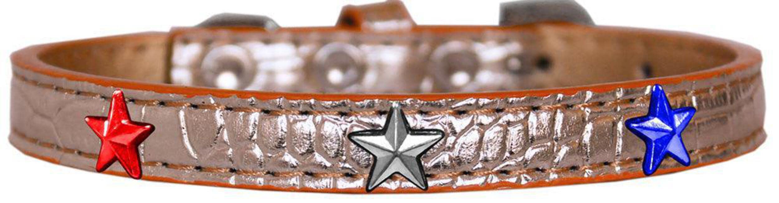Dog, Puppy and Pet Designer Croc Widget Collar, &quot;Red, White & Blue Stars&quot; Silver 18