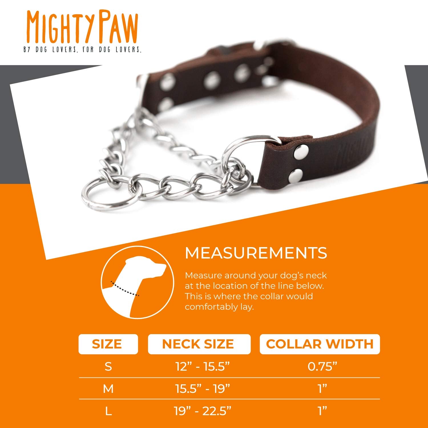 Mighty Paw Martingale Dog Collar - No Pull, Brown Leather, Medium Size, Stainless Steel Chain