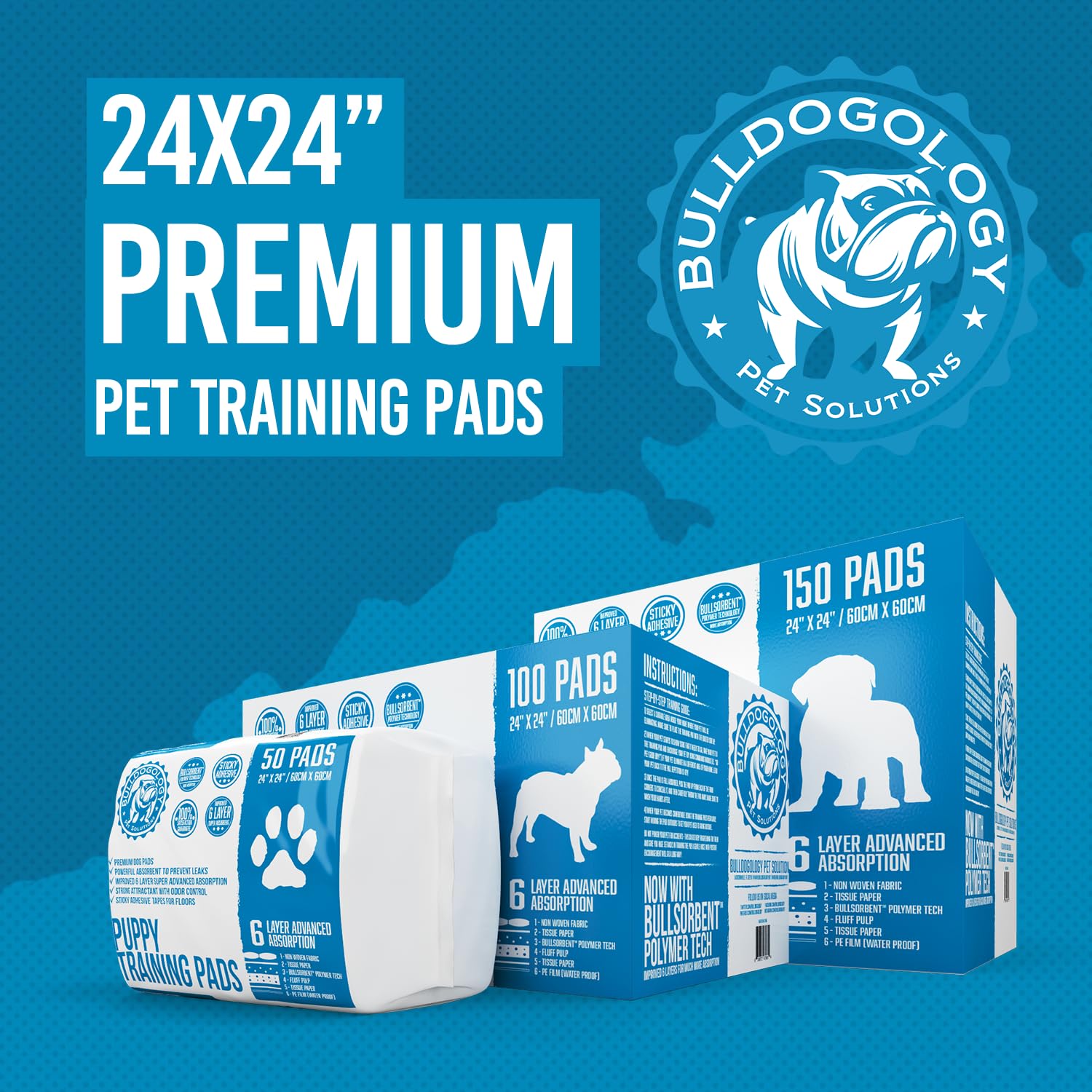 Puppy Pee Pads with Adhesive Sticky Tape (24x24) Large Premium Dog Pads - 6 Layer Dog Training Pads and Pet Wee Pads with Quick-