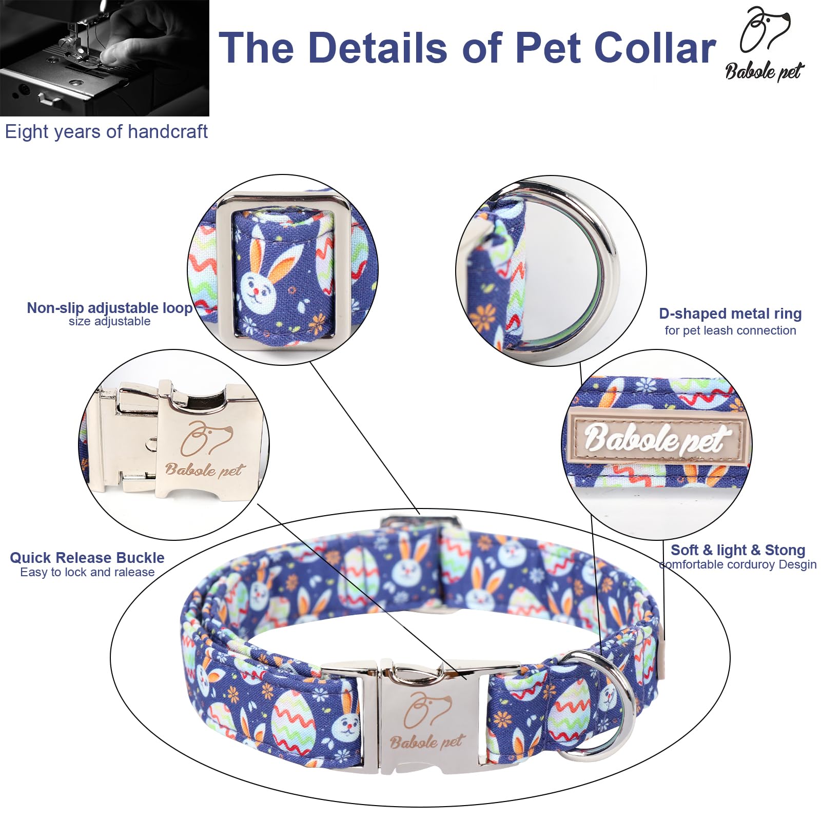 Babole Pet Easter Dog Collar, Cute Easter Bunny Eggs Pet Collar With Metal Buckel, Durable Adjustable Holiday Dog Collars For Sm
