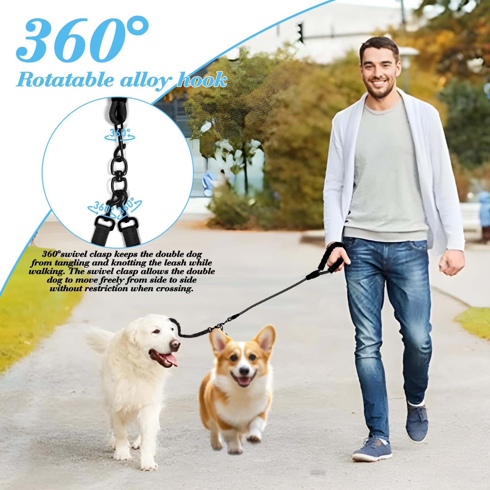 Dog Double Leashes,3-In-1 Pet Leash For Multiple Pets - Heavy Duty Dog Cat Lead With Reflective Stripes, Comfort Grip & Durable