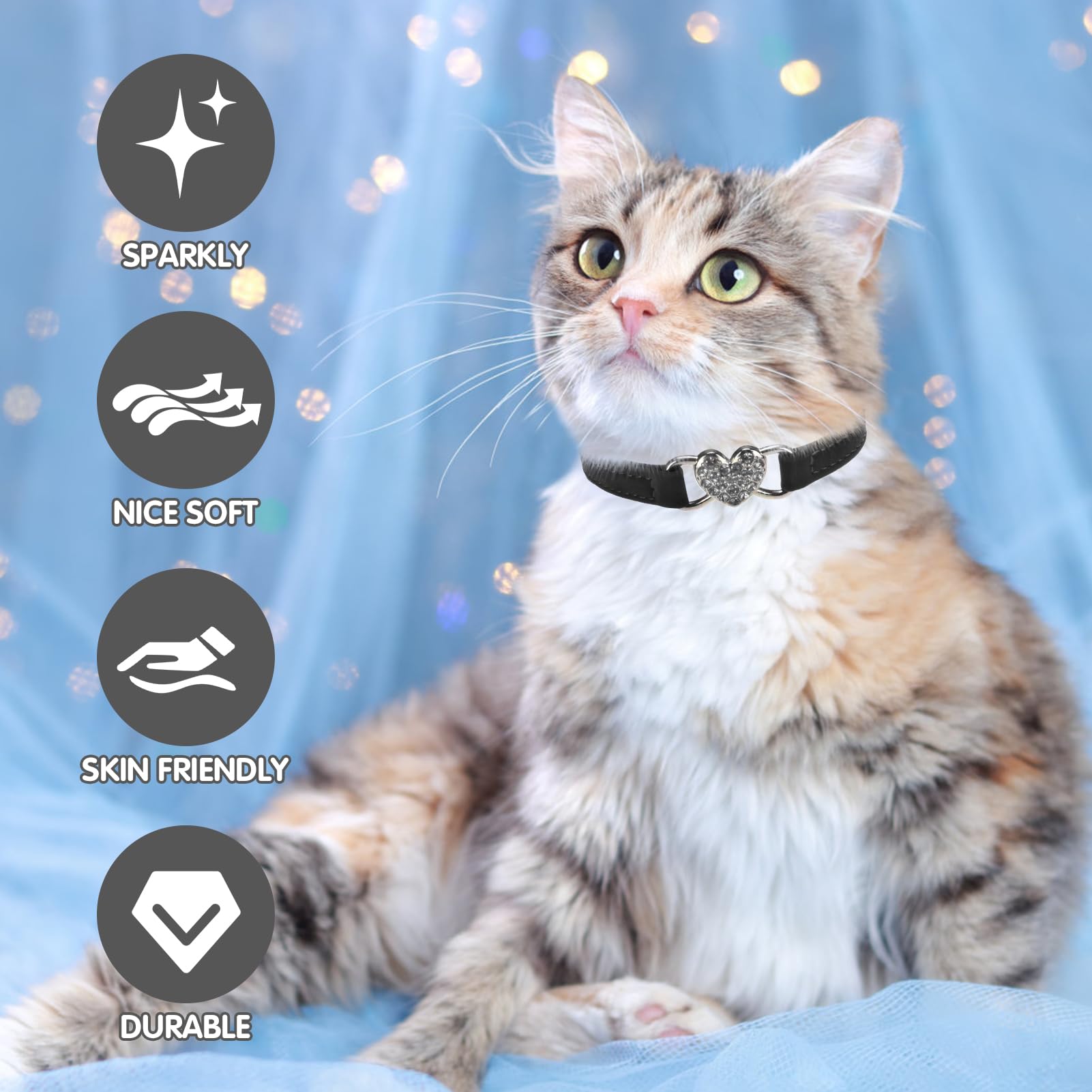 Bingpet Diamond Cat Collar,Adjustable Soft Velvet Leather Safe Kitten Collar With Crystal Heart Charm And Bells,Girl Boy Bling S