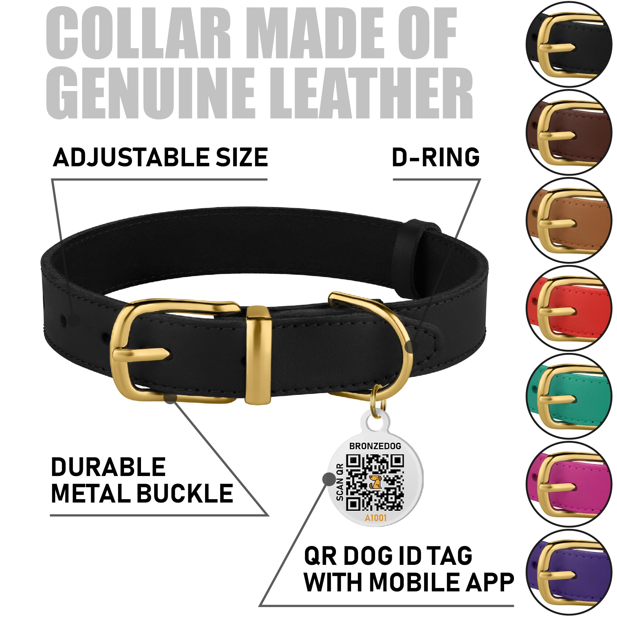 Bronzedog Leather Dog Collar With Qr Id Tag Basic Pet Collars For Small Mini Dogs Cats Puppies (7-9 Inch (Pack Of 1), Black & Go