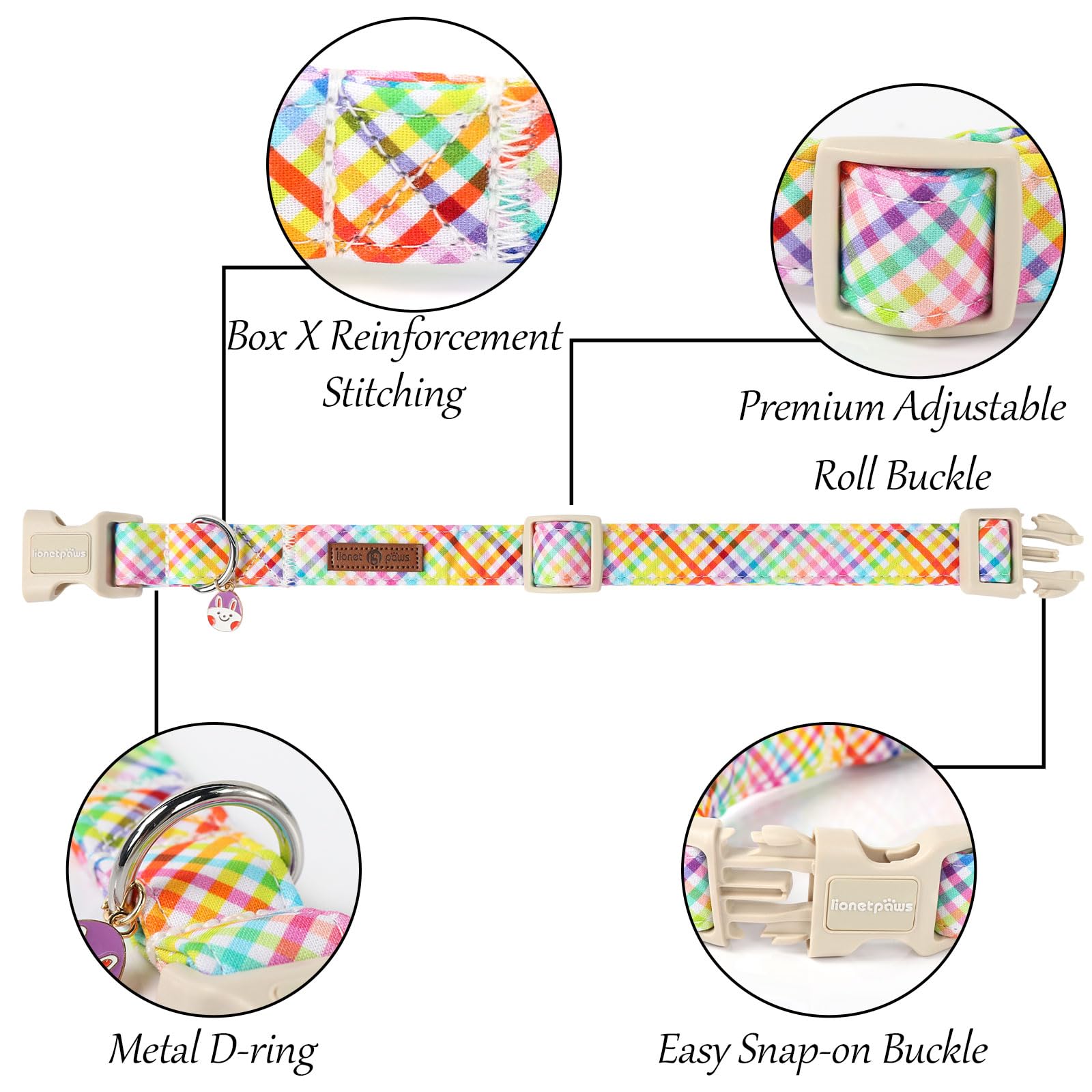 Lionet Paws Easter Dog Collar, Comfortable Adjustable Colorful Plaid Collar With Purple Rabbit For X-Large Male Female Dogs Coll