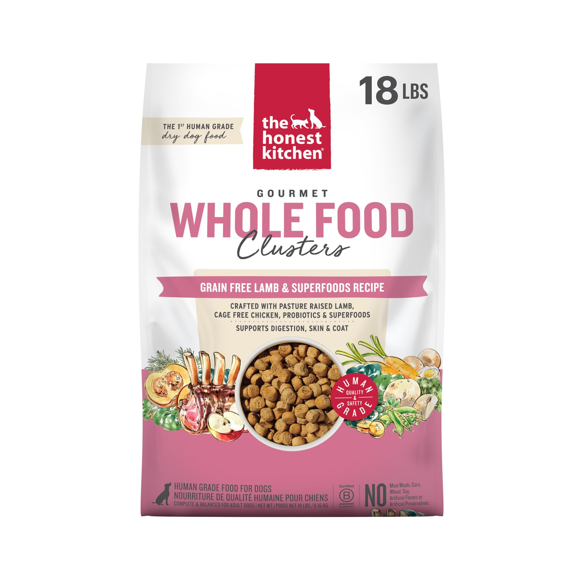 The Honest Kitchen Human Grade Dog Food, Whole Food Clusters Grain Free Lamb Dry Dog Food, 18 lb Bag