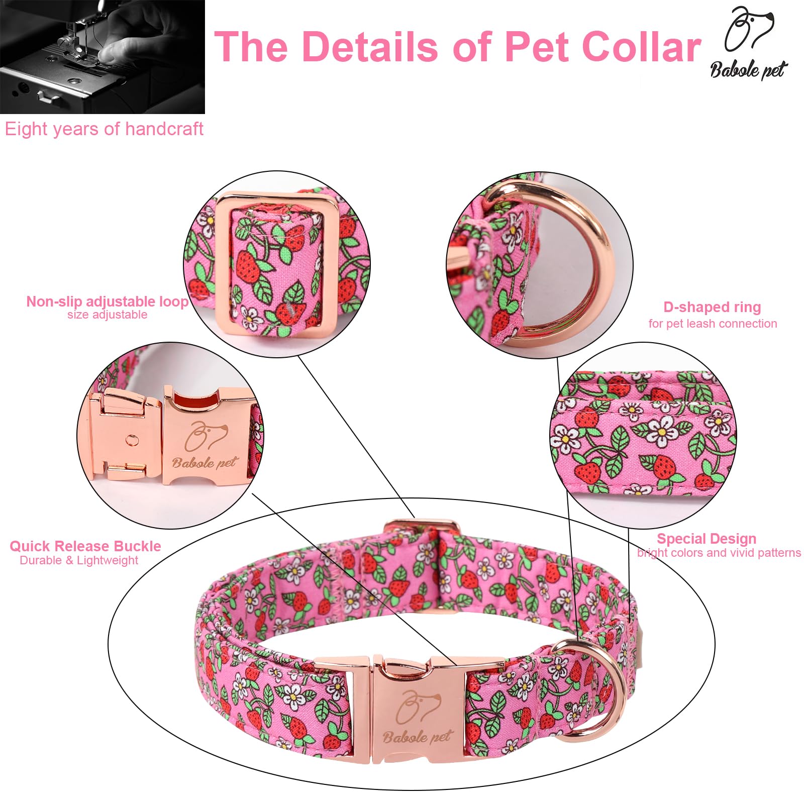 Babole Pet Sweet Strawberry Dog Collar, Cute Pink Summer Pet Collar With Metal Buckel, Durable Adjustable Designer Dog Collars F