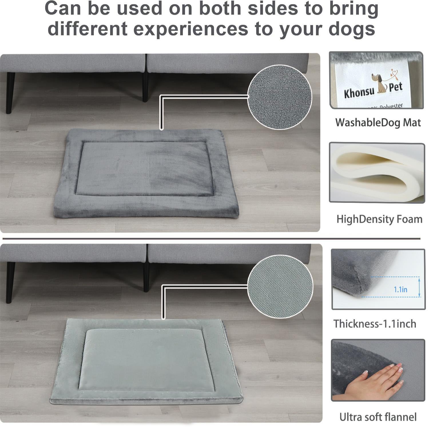 Khonsu Pet Dog Bed Mat Crate Pad For Up To 45 Lbs Dogs With Reversible Sides For Cold And Hot Seasons, Completely Washable Cushi
