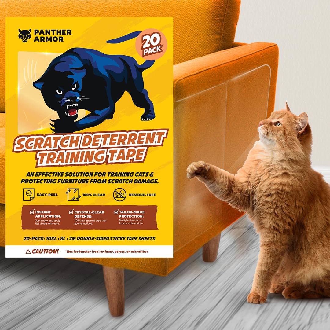 Panther Armor 20-Pack Anti Scratch Furniture Protectors - Deterrent & Cat Training Tape - Double Sided Sticky Tapes - Claw Proof Couch Protectors