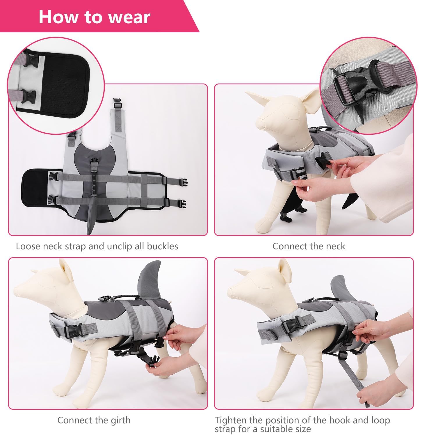 Asenku Dog Life Jacket Pet Life Safety Vest For Swimming Boating, Dog Shark Life Jackets Dog Lifesavers Swimsuits For Pool, Dog Water Floatation Vest For Small Medium Large Dogs, Gray, Medium