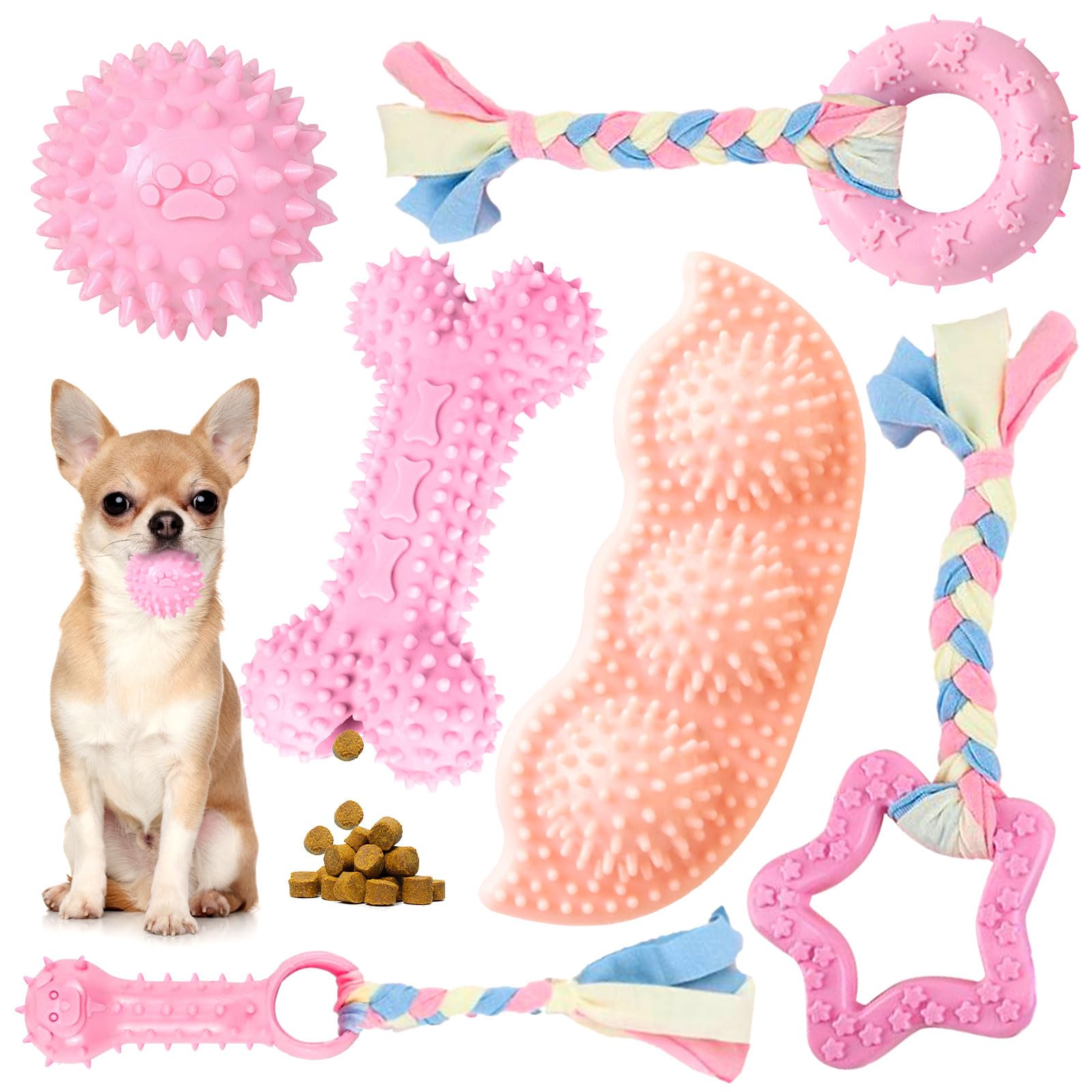 Petcare 6 Pack Puppy Chew Toys For Teething Cute Pink Puppy Toys Small Dog Toys Soft Rubber Rope Dog Toys Funny Bone Ball Cleani