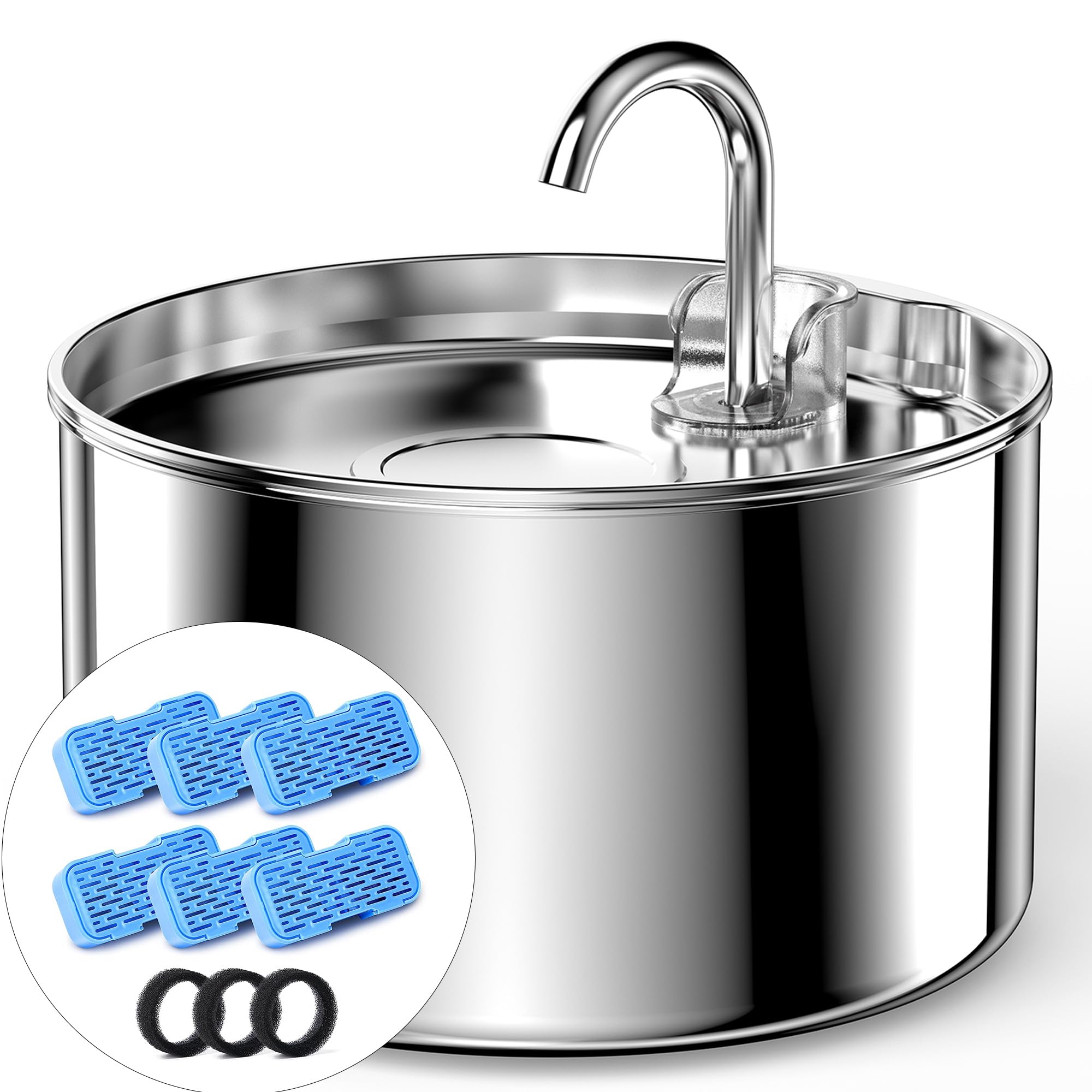 Aoogitf Cat Water Fountain + 6 Filters + 3 Sponges, 304 Stainless Steel Pet Water Fountain, 24 Hours Keep The Water Clean, 74Oz Capacity, Ultra-Quiet, No Sputter, Compact, Easy Cleaning