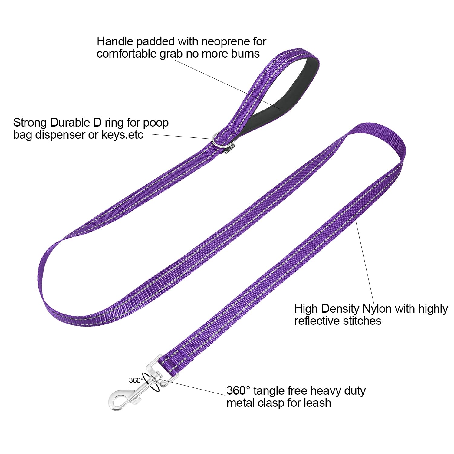 Usunyvora Reflective Nylon Dog Leash For Walking,Strong Dog Leash With Padded Handle For Medium And Large Dogs,5 Ft,Purple