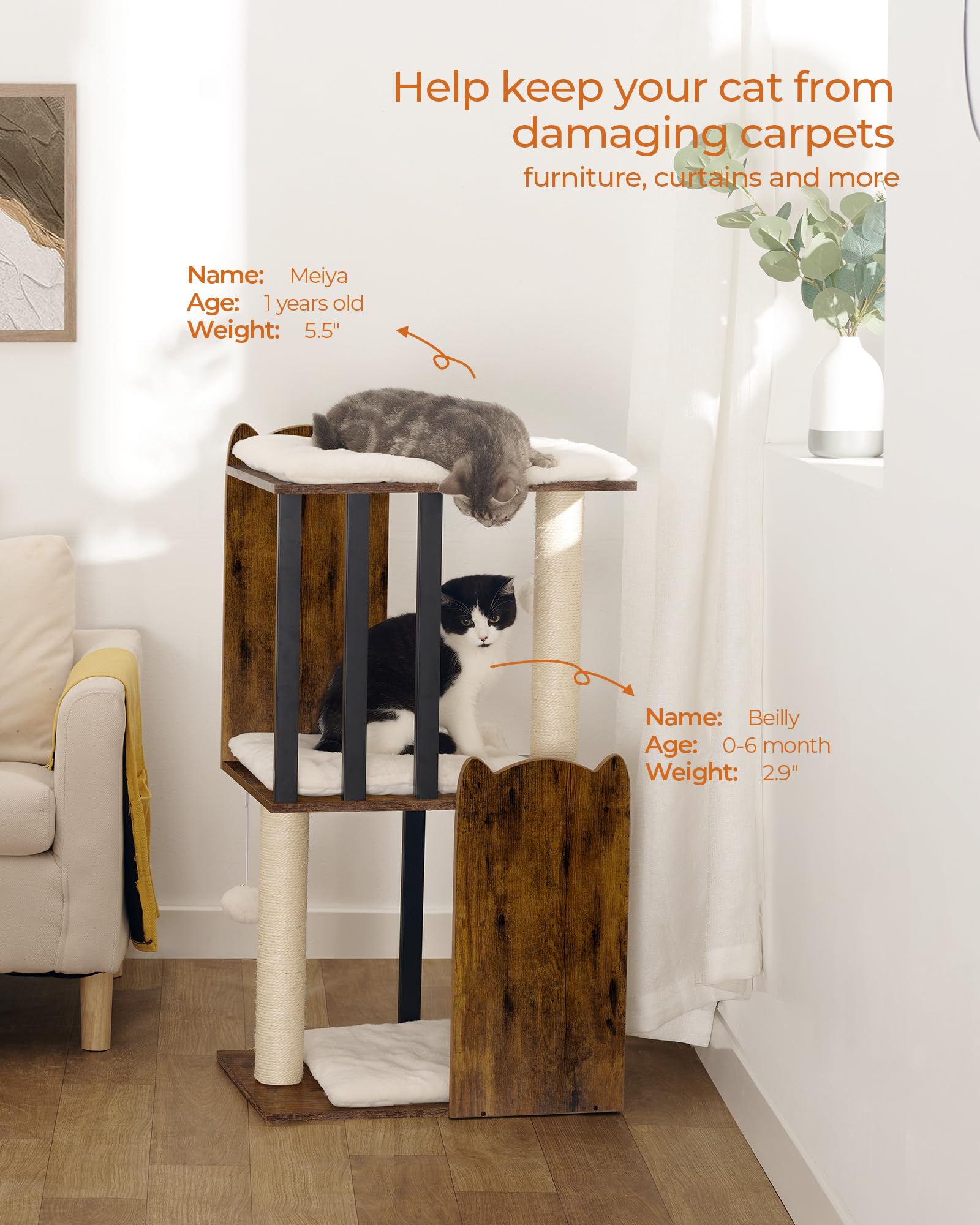 FourFurPets 35.4in 3-Tier Modern Cat Tree Tower Condo, Cat Scratch Posts for Indoor Cats, Big Plate, Two Full Sisal Scratching P