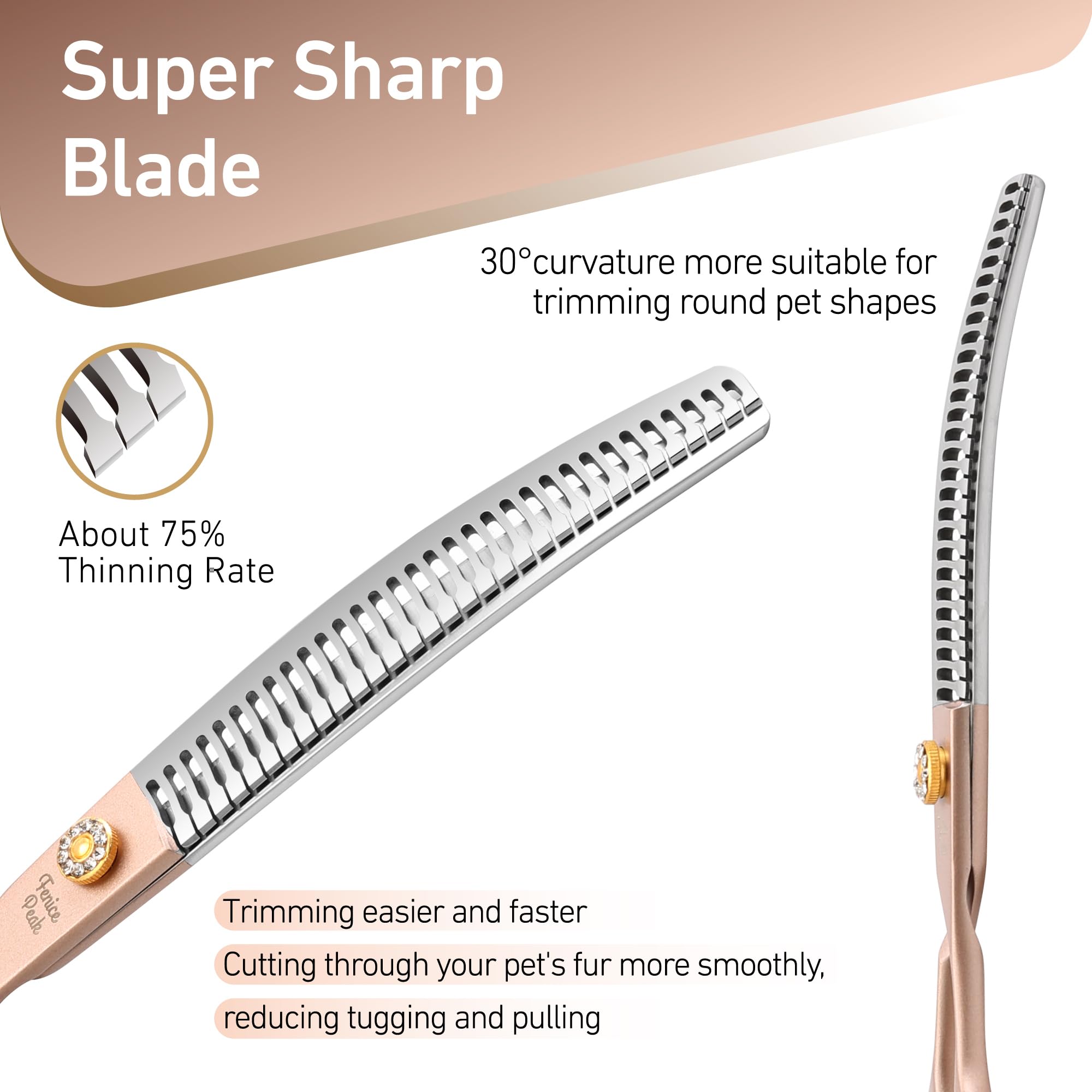 Fenice Peak Professional Curved Chunker Dog Grooming Scissors 8.0'' Rose Gold Thinning Shears Extremely Sharp Blades 440C Stainl