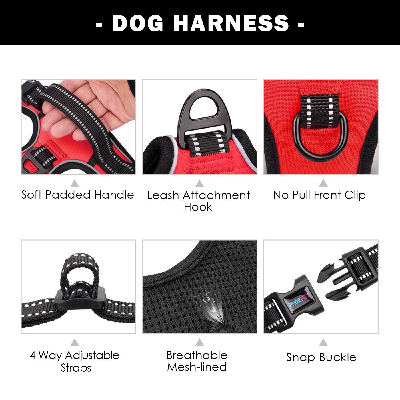 Phoepet No Pull Dog Harnesses For Small Dogs Reflective Adjustable Front Clip Vest With Handle 2 Metal Rings 3 Buckles [Easy To Put On & Take Off](Xs, Red)