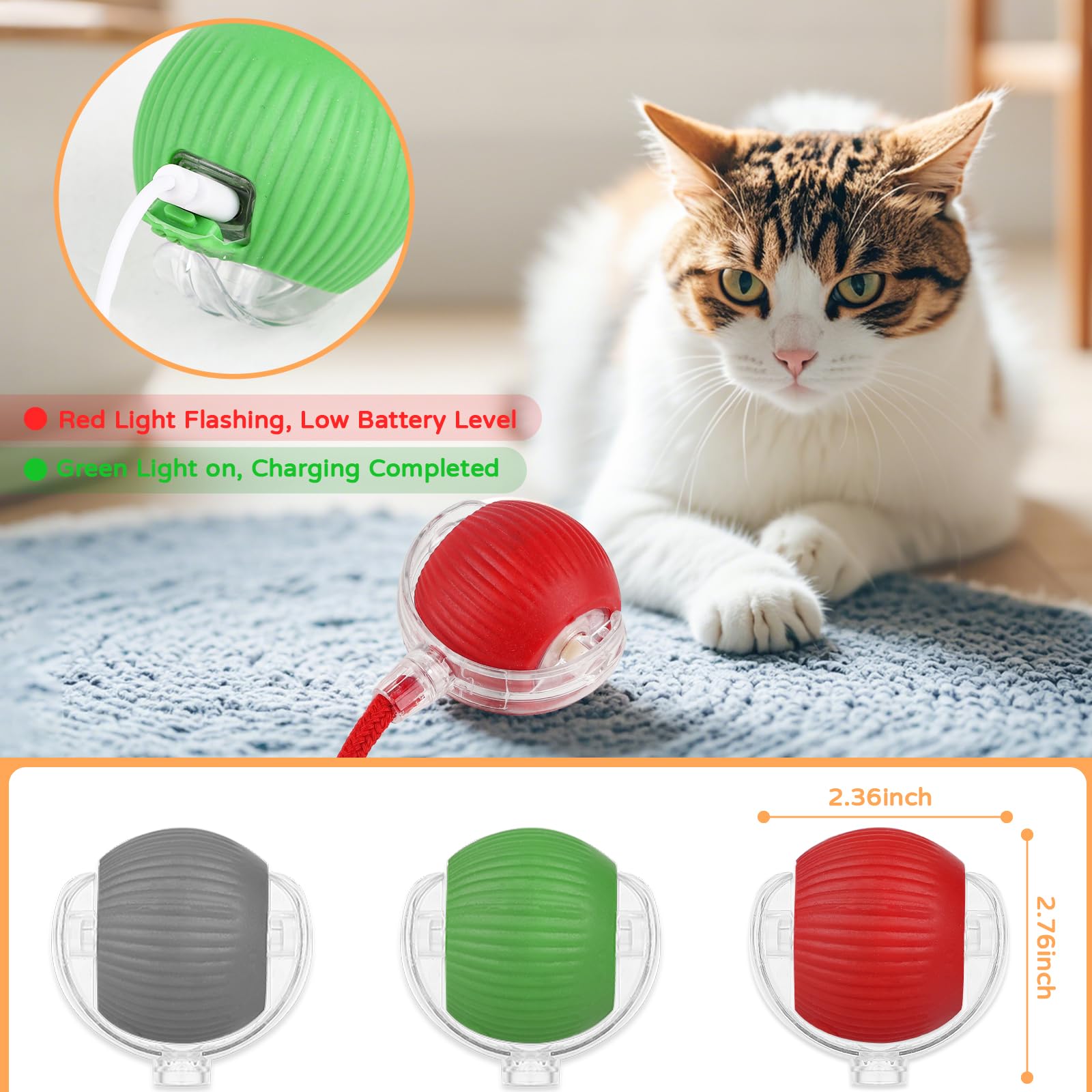 Goosheep 2025 New 3Pack Cat Ball Kitten Toys For Indoor Interactive Kitty Ball Toy Speedy Tail 360 Automatic Rolling(Red Grey Gr