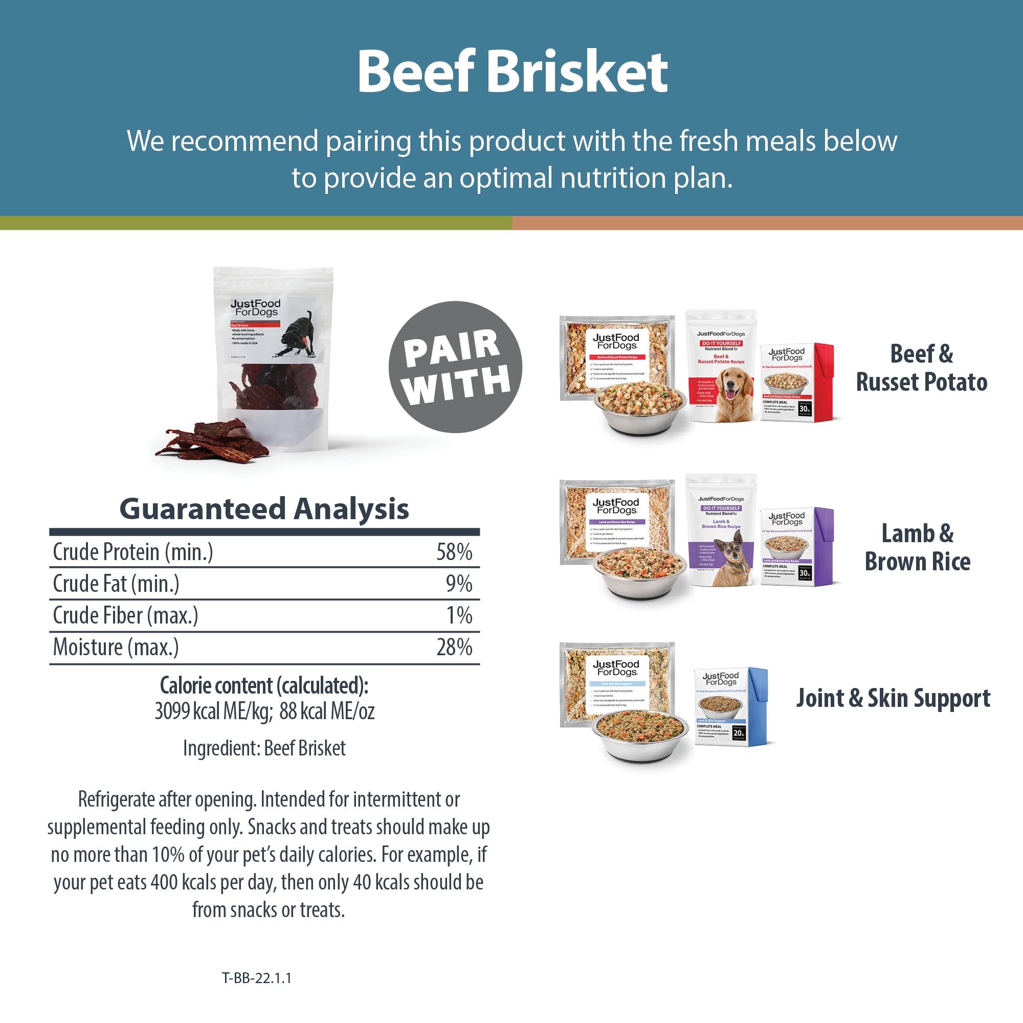 JustFoodForDogs Single-Ingredient Healthy Dog Treats, Beef Brisket, Made in The USA, 5 oz
