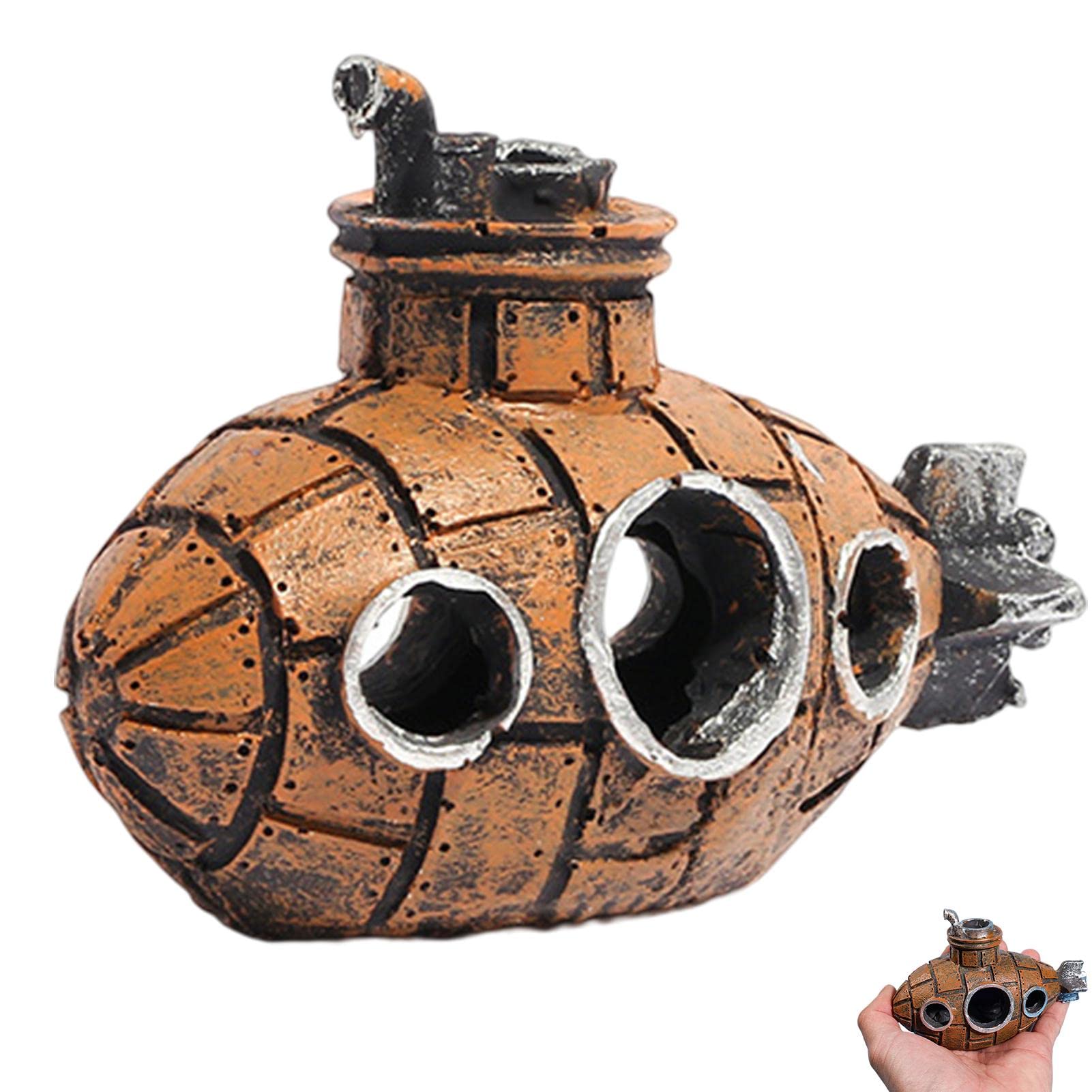 Kakalote Fish Tank Decorations, Resin Hollow Submarine Fish Tank Decorations, Fish Broken Barrel Decor Aquarium Shrimp Hideout A