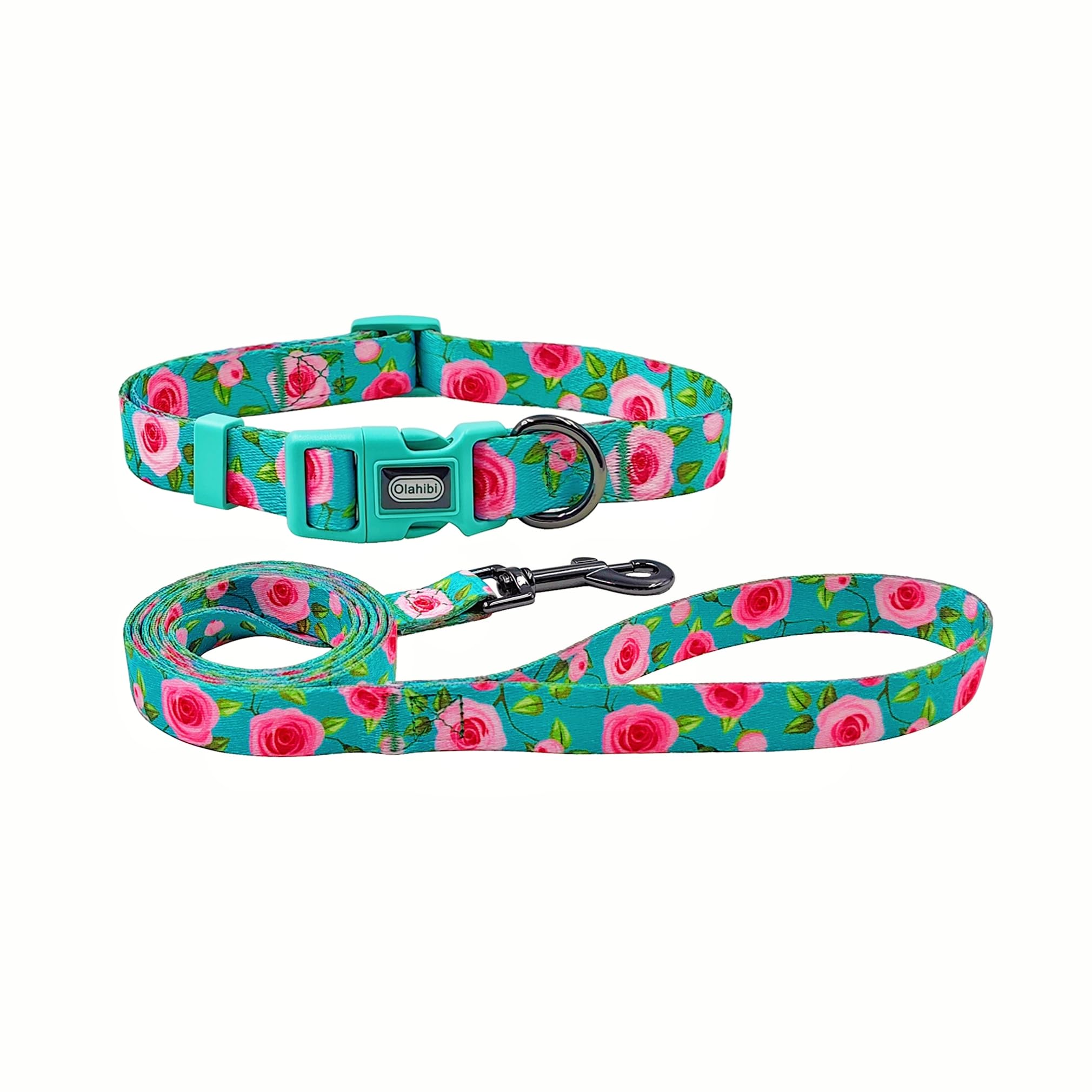 Olahibi Dog Collar And Leash Set, Rose Pattern, Polyester Material, 5Ft Matching Leash, For Medium Dogs.(M, Green Rose Set)