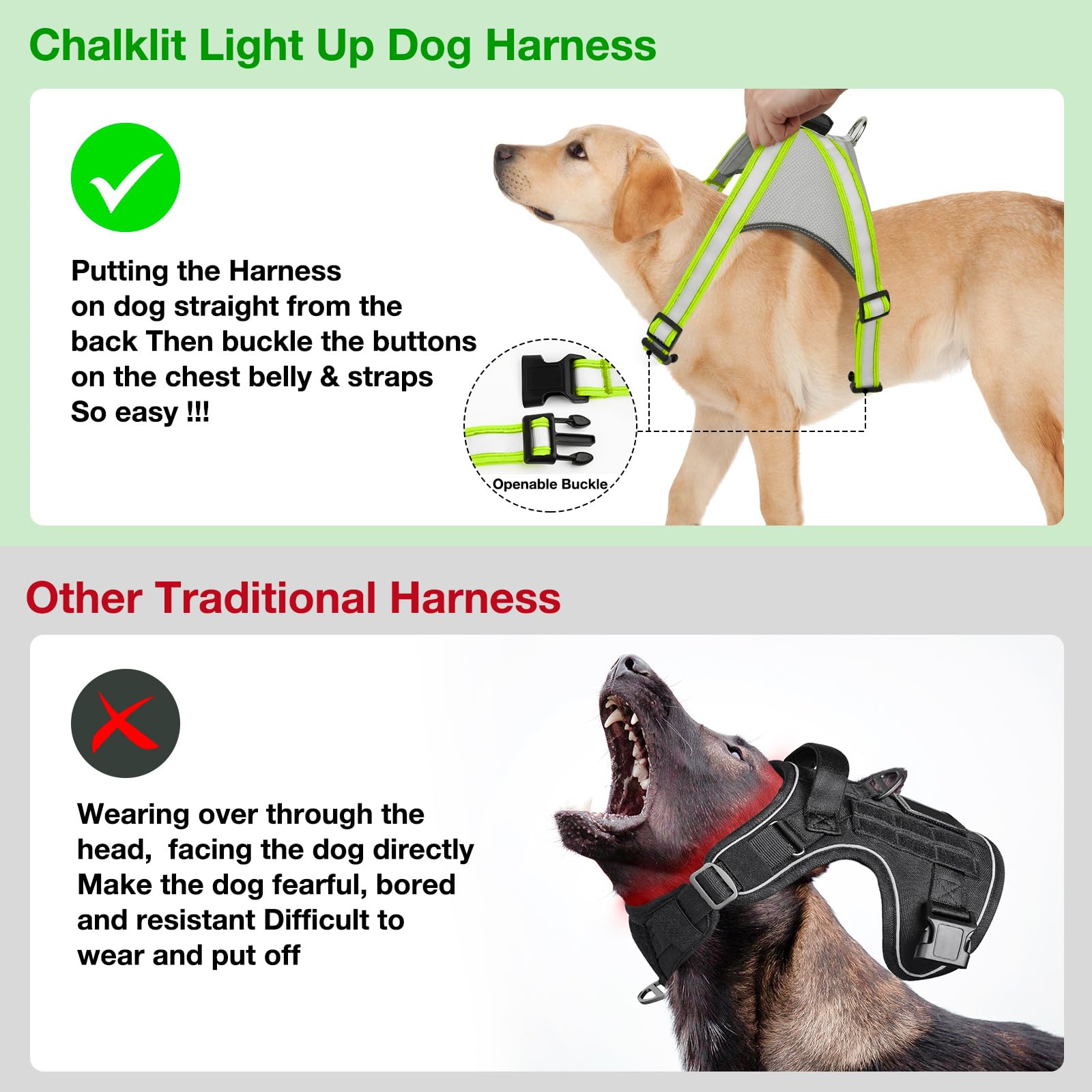 ChalkLit Light Up Dog Harness, No Pull Led Dog Harness Glow-in-The-Dark for Night Walking, USB Rechargeable Lighted Safety Vest