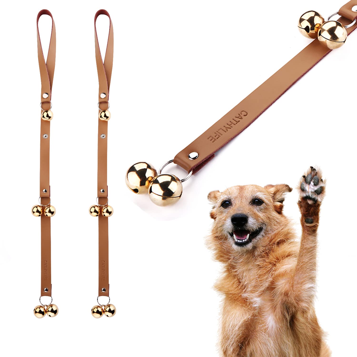 Cathylife Leather Dog Doorbells For Door Knob/Potty Training/Go Outside, Length Adjustment Copper Dog Bell, Housetraining Hanging Bell, Brown Leather Golden Bells - 2 Pack