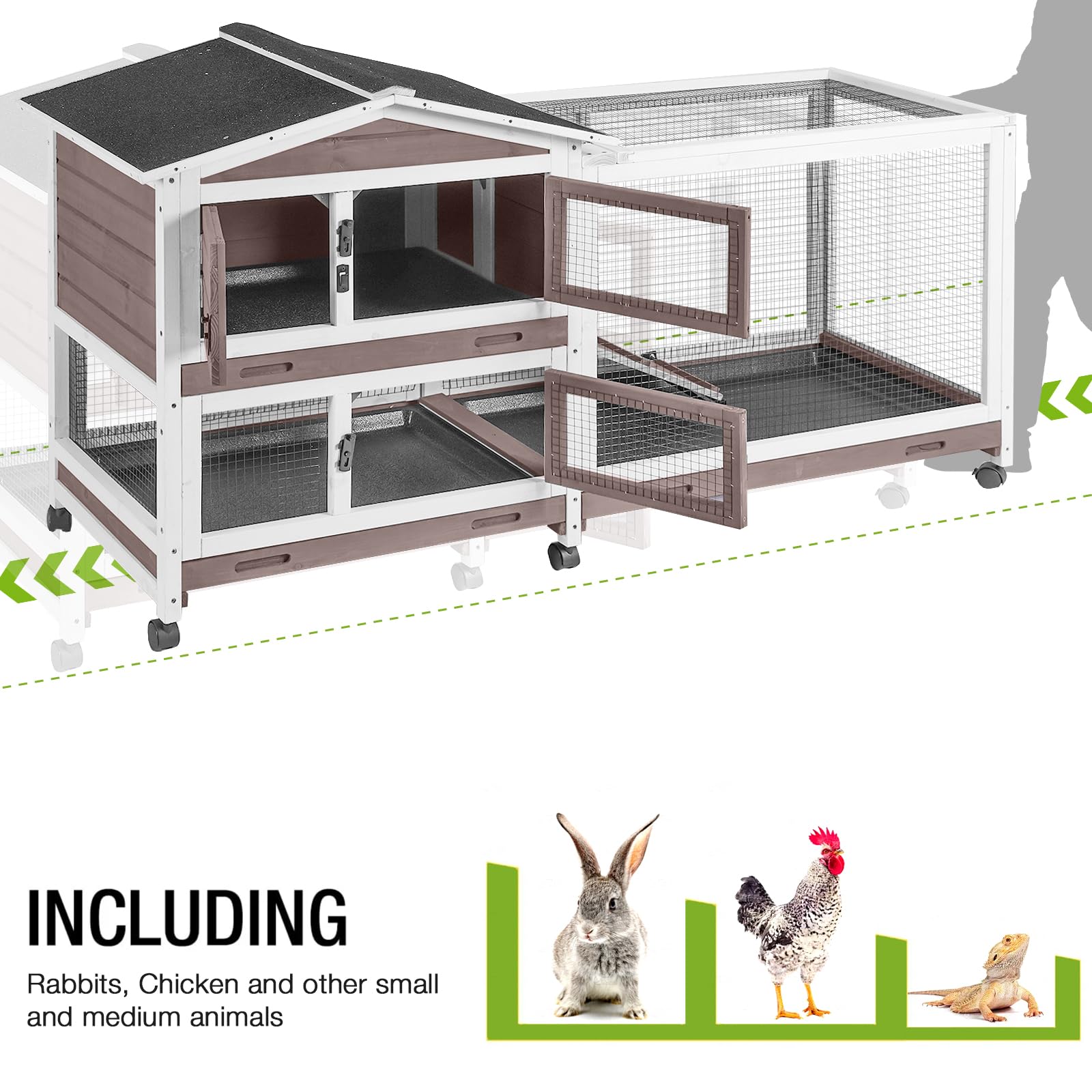 Gutinneen Rabbit Hutch With Chew-Resistant Ramp Indoor Bunny Cage Outdoor Guinea Pig Cage With Wheels And Leakproof Tray