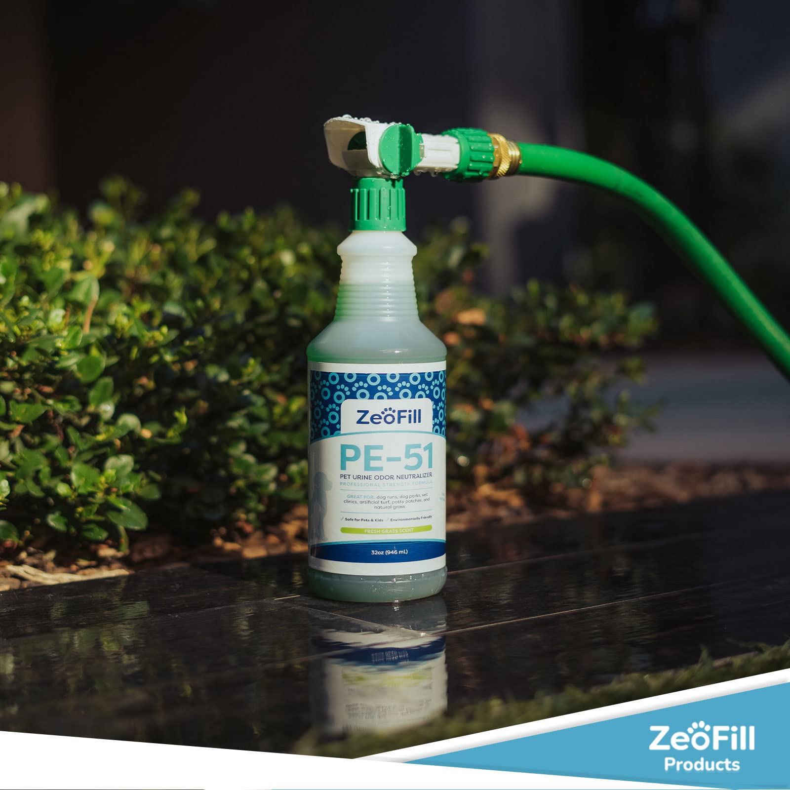 Zeofill Pe-51 Pet Odor Eliminator – Urine Odor Neutralizer With Max Flow Garden Hose Spray Nozzle | Pet, Turf & Yard Smell Remover | Cat & Dog Pee Deodorizer Spray | All Natural Enzymes | 32Oz Bottle
