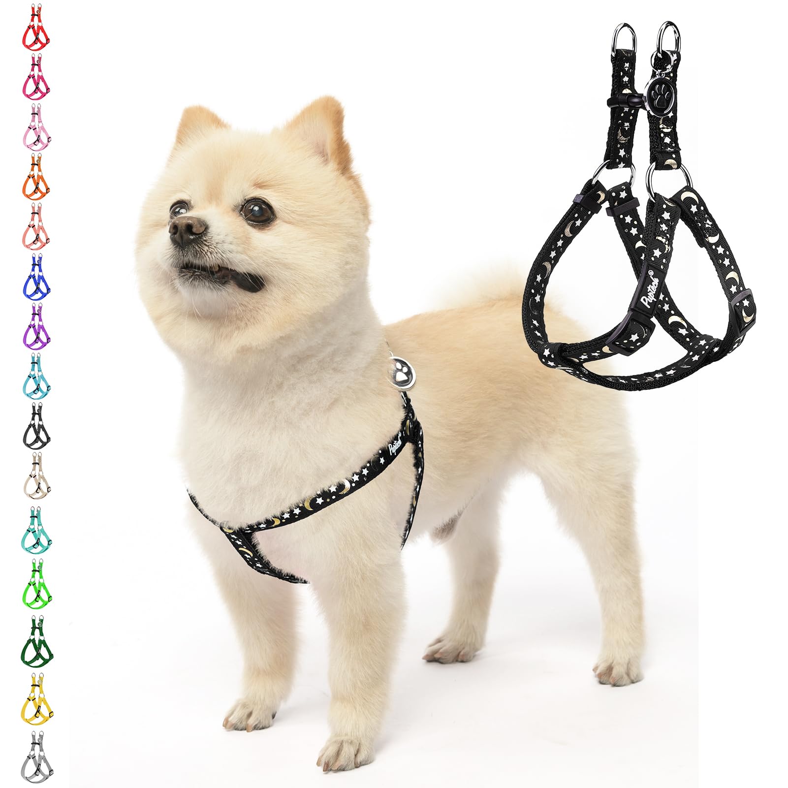 Pupteck No Pull Dog Harness Soft Adjustable Basic Nylon Step In Puppy Vest Outdoor Walking With Id Tag, Moon Star Black, S