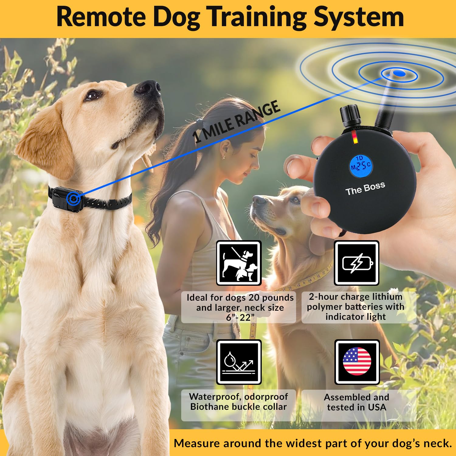 Educator E-Collar Humane Dog Training Collar With Remote, 100 Safe Tapping Stimulation Levels, Night Light, Waterproof, Rechargeable, 1 Mile 2 Large Dogs, Black