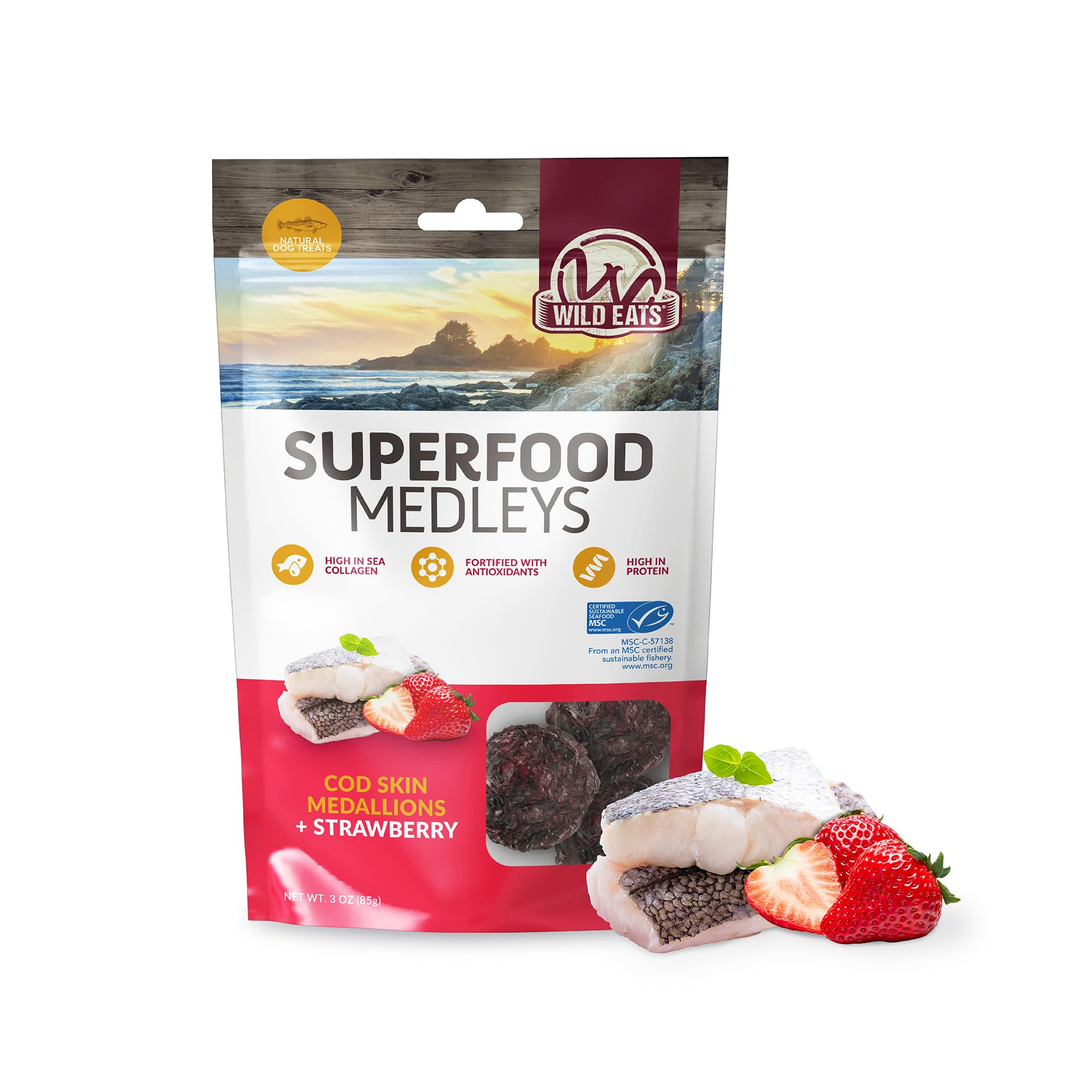 Wild Eats Fish Skin Dog Treats Cod Superfood Medallions 3oz - Strawberry & Cod Limited Ingredient