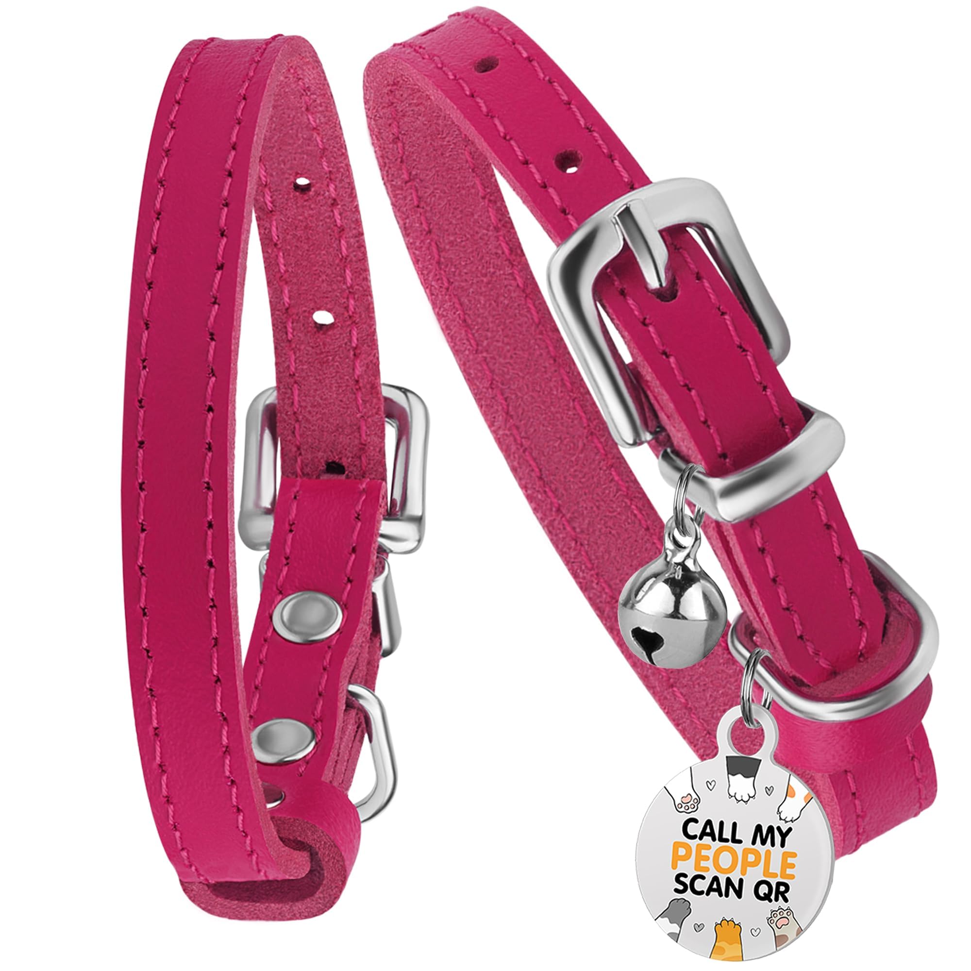 Bronzedog Leather Cat Collar With Removable Bells Non Breakaway Kitten Qr Tag For Girl Boy (7' - 9' For Cats, Pink & Silver)