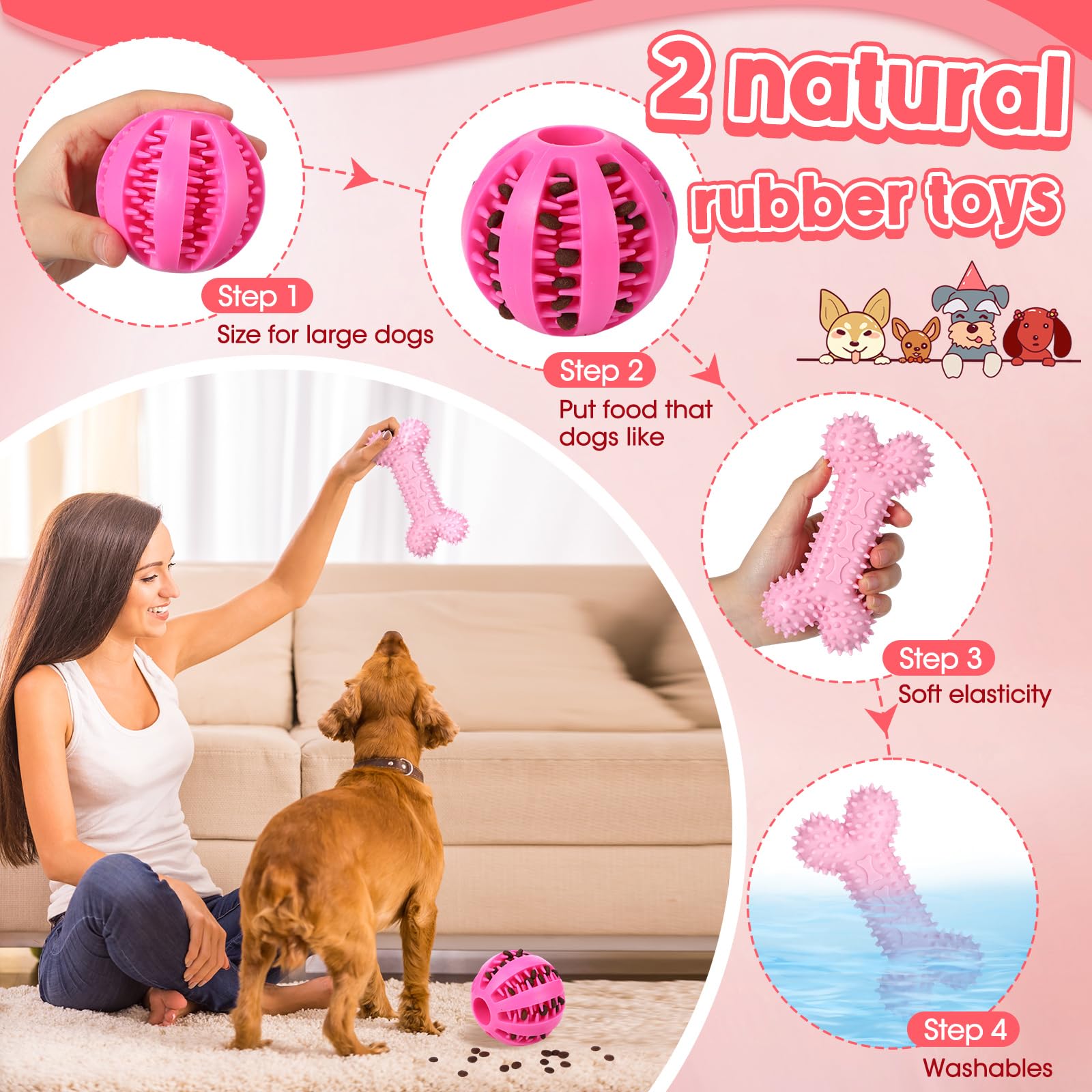 Vinsot 12 Pack Large Dog Chew Toys For Aggressive Chewers Pink Teething Toys With Dental Rope Squeaky Balls And Chew Bone For Me