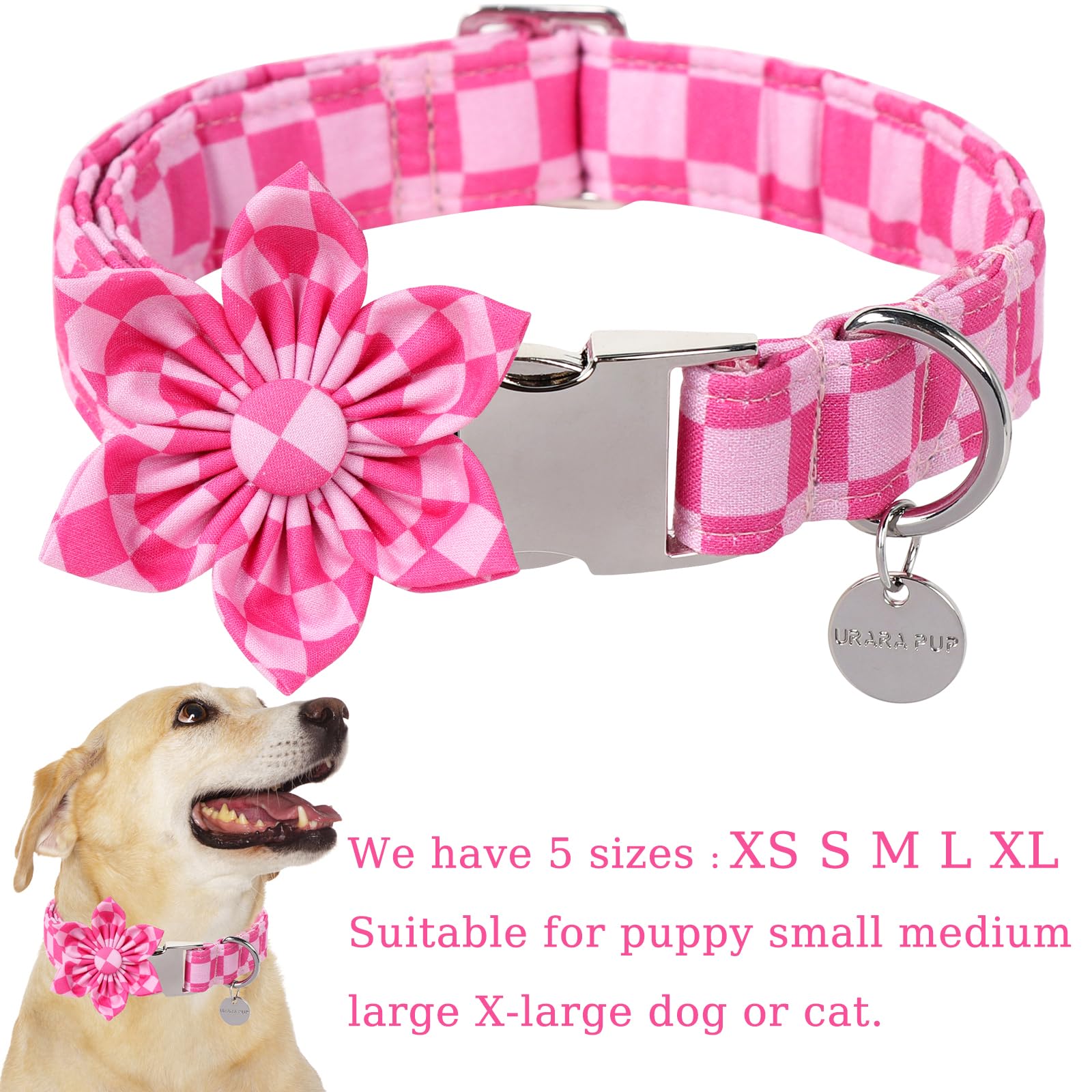 Dog Collar With Flower, Up Urara Pup Cute Pink Dog Bowtie Collar, Detachable Flower Bow Puppy Collar With Metal Buckle For Dogs,