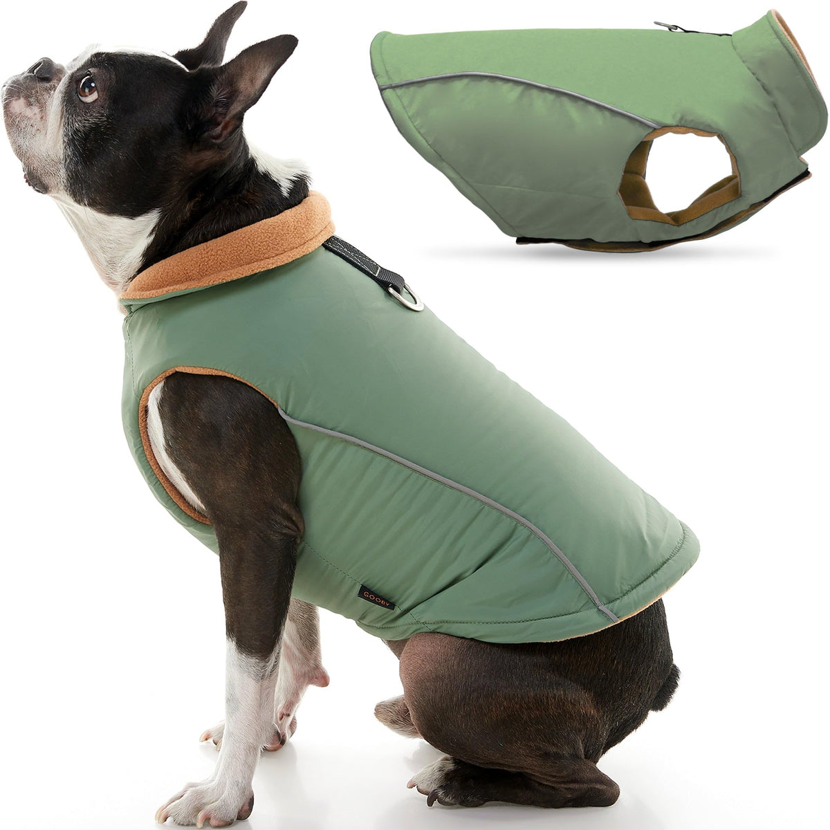 Gooby Sports Vest Dog Jacket - Green, Medium - Reflective Dog Vest With D Ring Leash - Warm Fleece Lined Small Dog Sweater, Hook And Loop Closure - Dog Clothes For Small Dogs Boy Or Girl Dog Sweater