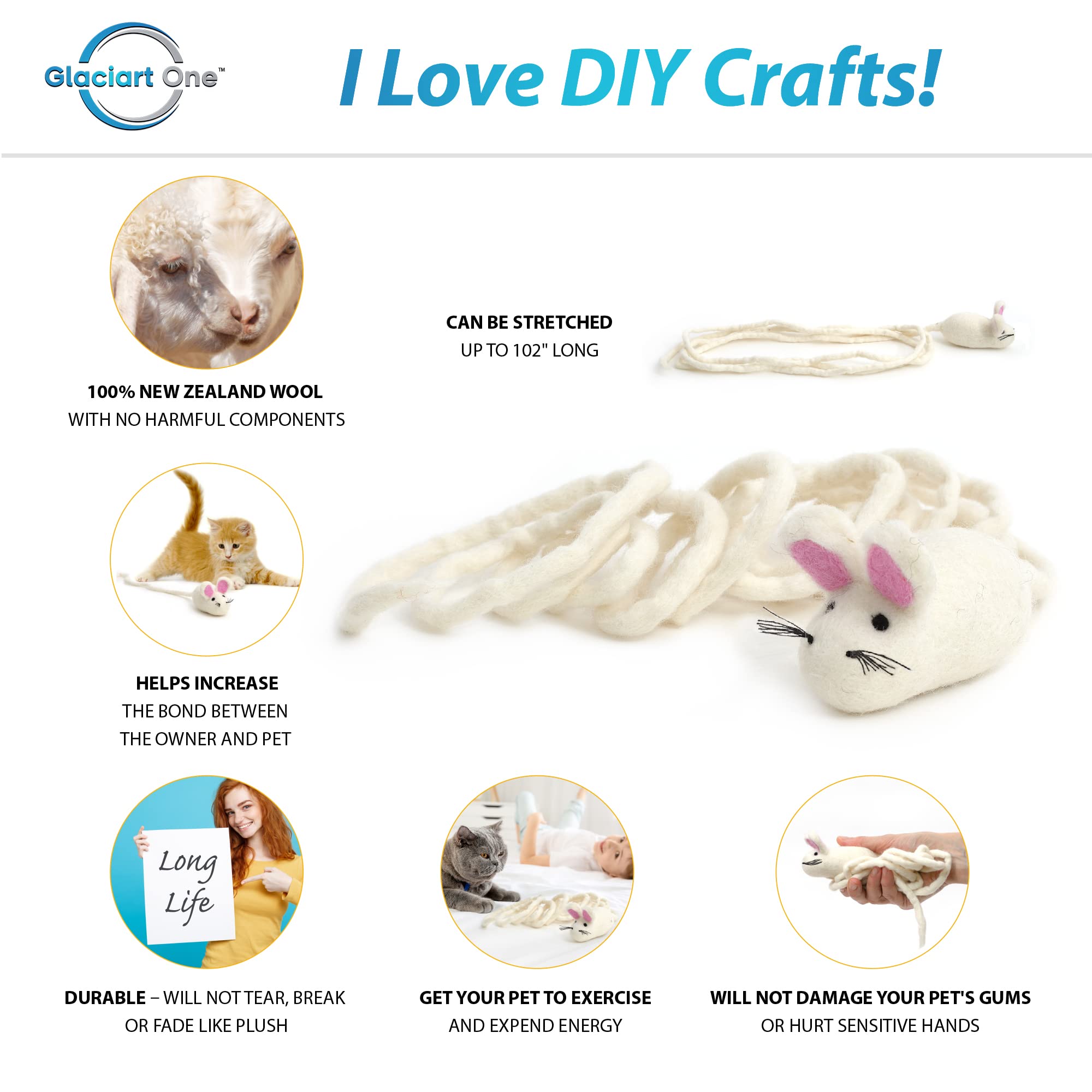 Glaciart One Felt Mouse Cat Toy - Soft Fuzzy Enrichment 100% Natural Wool - Interactive Catnip Play Cat Toy Set - Safe For Pets,