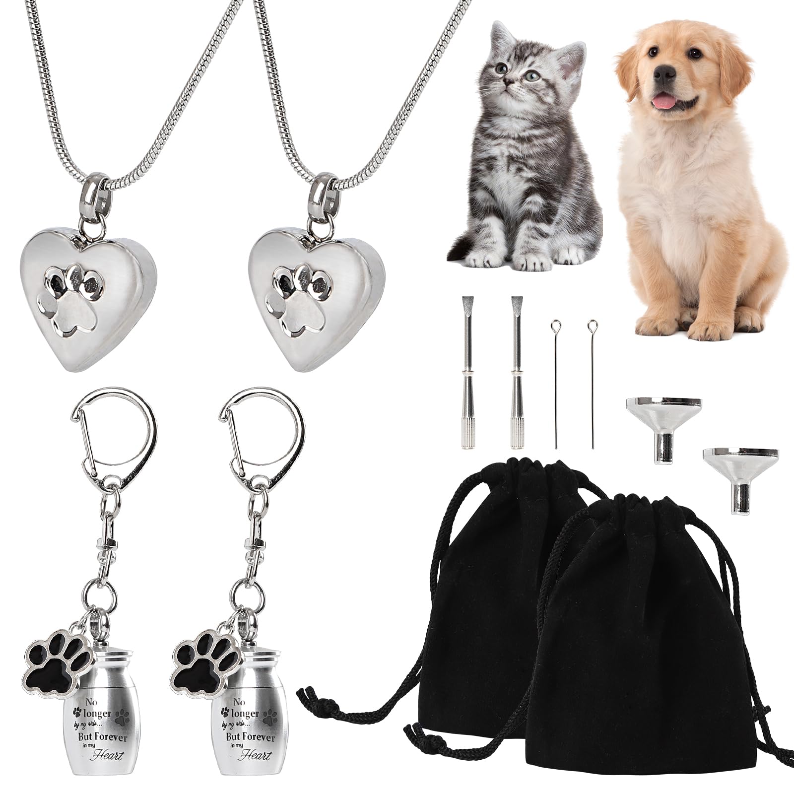Diswale 2 Set Pet Cremation Jewelry For Ashes, Dog/Cat Urns Keychain, Heart Urn Necklace Memorial Keepsake For Ashes With Fillin