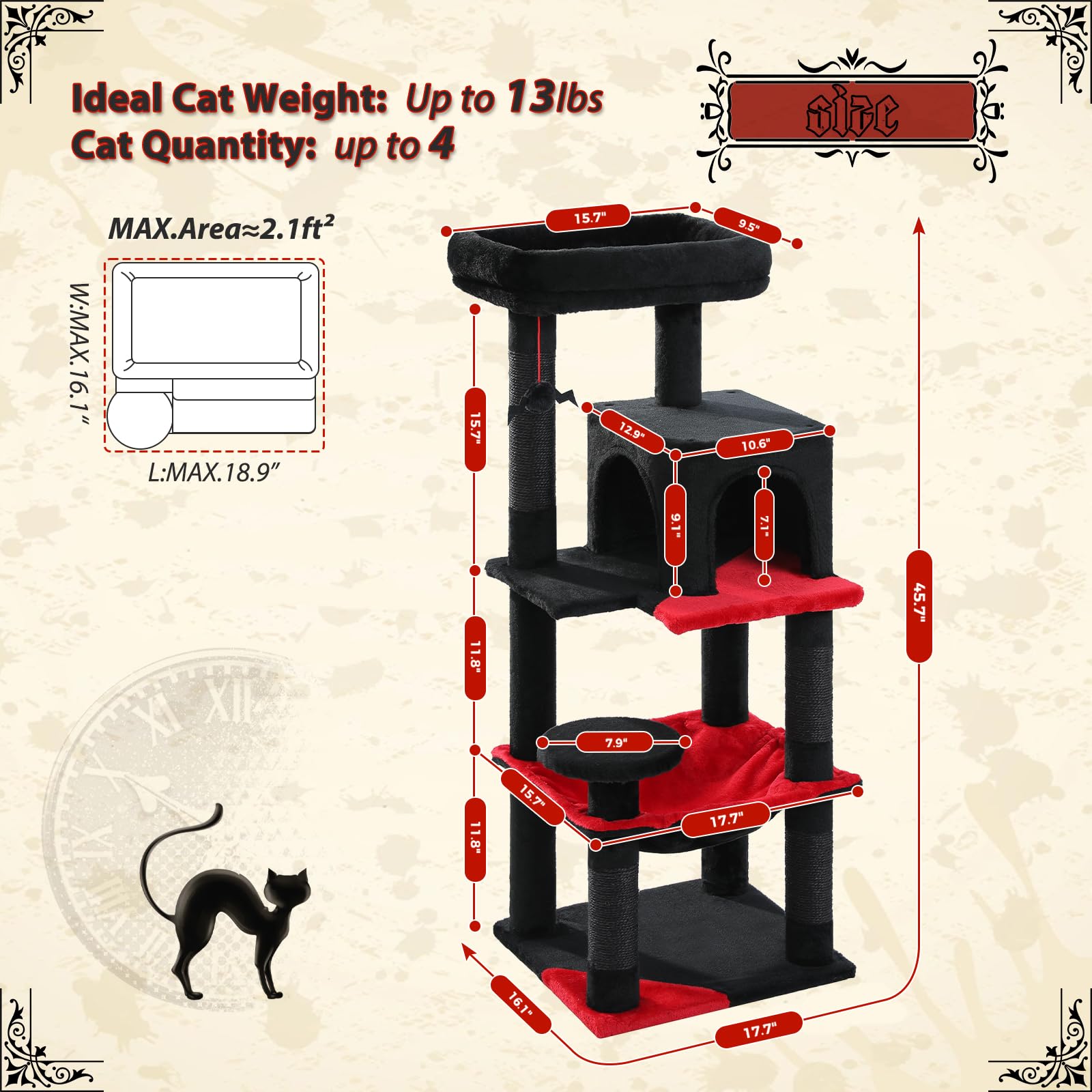 Pequlti 45.7'' Gothic Cat Tree For Indoor Cats With Metal Frame Big Hammock, Cat Tower For Small Or Medium Cats With Cat Condo H