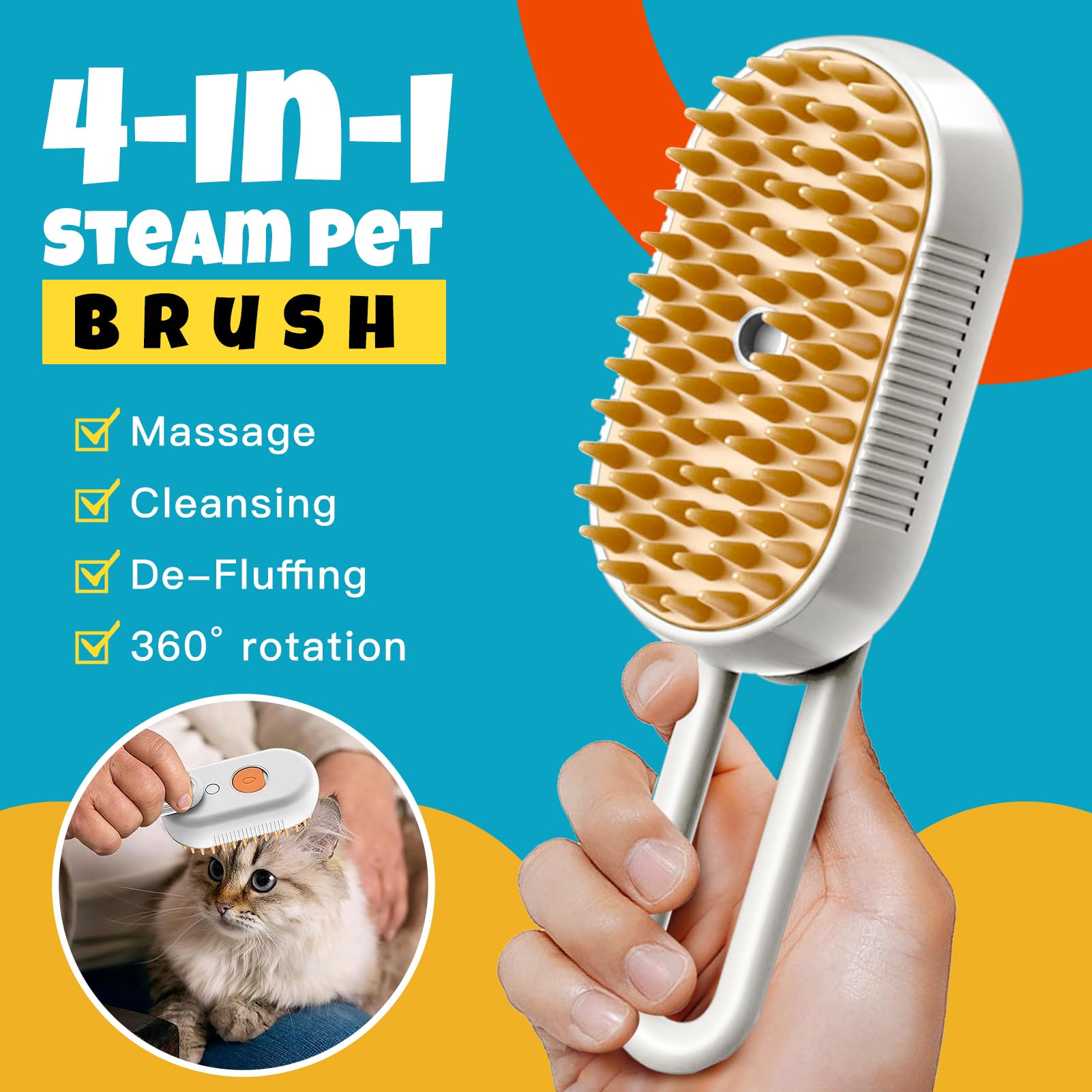 Cat Steam Brush Cats Brushs, Cat Steams Brushfor Shedding, 4-In-1 Self-Cleaning Petsteam Brushwith 360 Rotating Arm For Long And